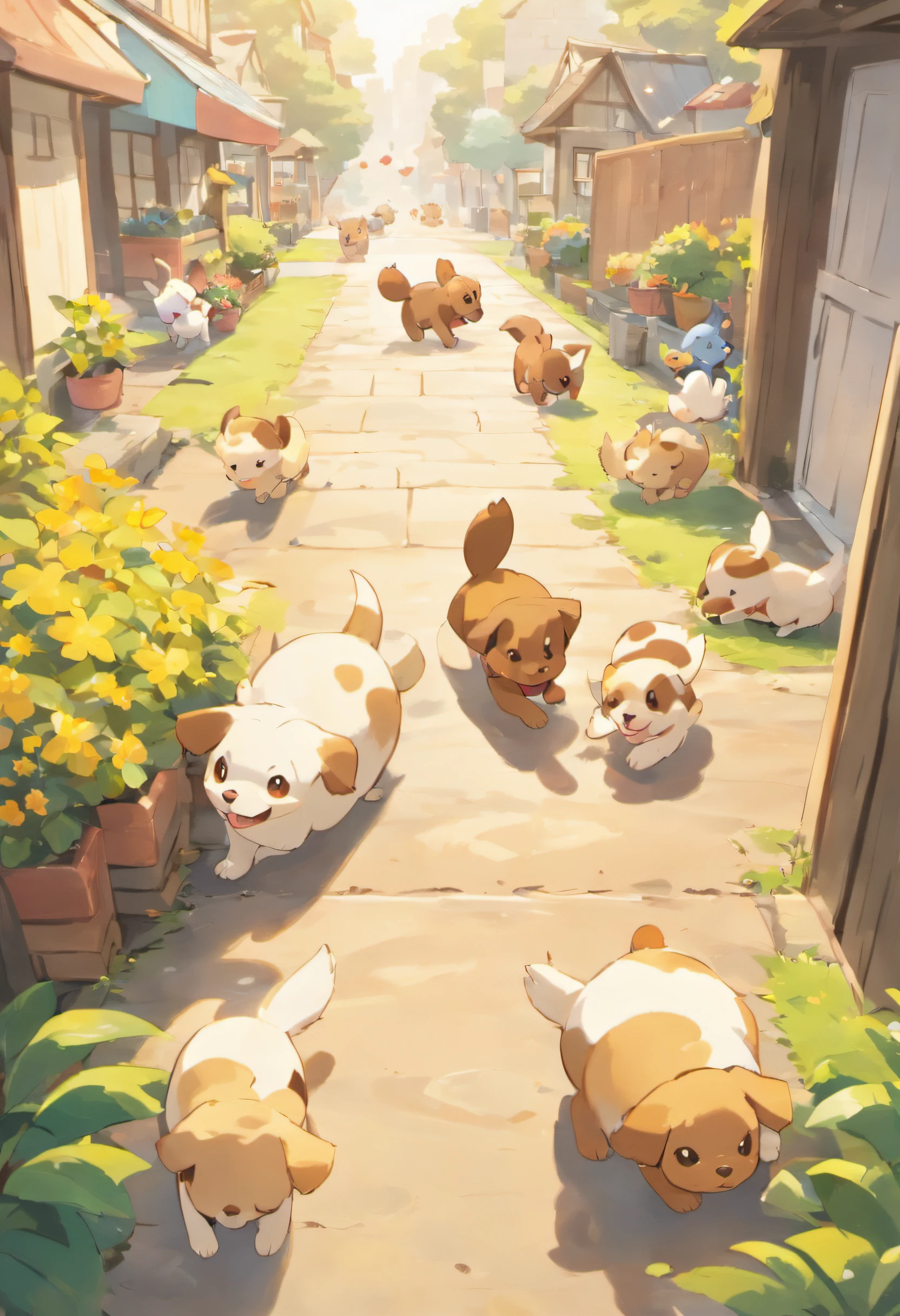 A bustling cityscape with a small house in the corner, the five puppies playing in the yard, the four brown-furred puppies chasing each other, and Jiro, the white and brown spotted pup, standing out from the crowd with his unique fur.