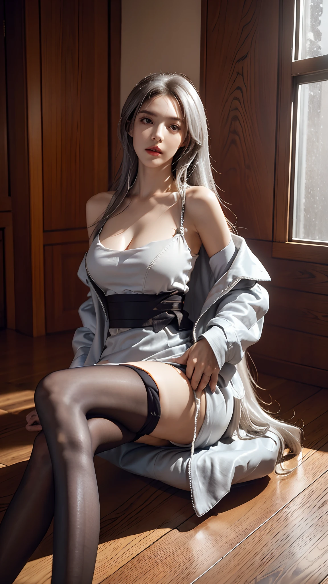 photorealistic, high resolution, 1 girl, smooth face, waist up, origen, long hair, spreading hair, detailed eyes, bare shoulder, jacket, silver dress, black stocking, sitting,