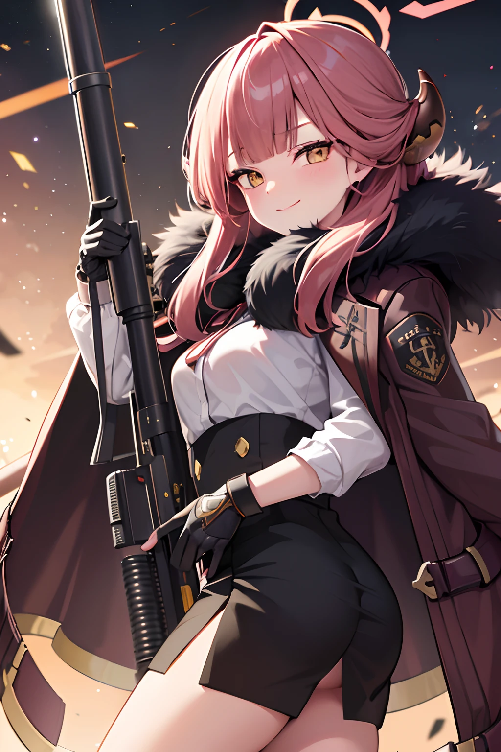 aru (blue archive), aru (new year) (blue archive), halo, masterpiece, aru, halo, horn, fur_trim, gun, weapon, rifle, sniper_rifle, 1girl, holding_gun, fur-trimmed_coat, fur-trimmed_sleeves, fur_collar, fur-trimmed_jacket, holding_weapon, bolt_action, coat, gloves, anti-materiel_rifle, fur_coat, fur-trimmed_cape, solo, scope, bullpup, long_hair, skirt, smile