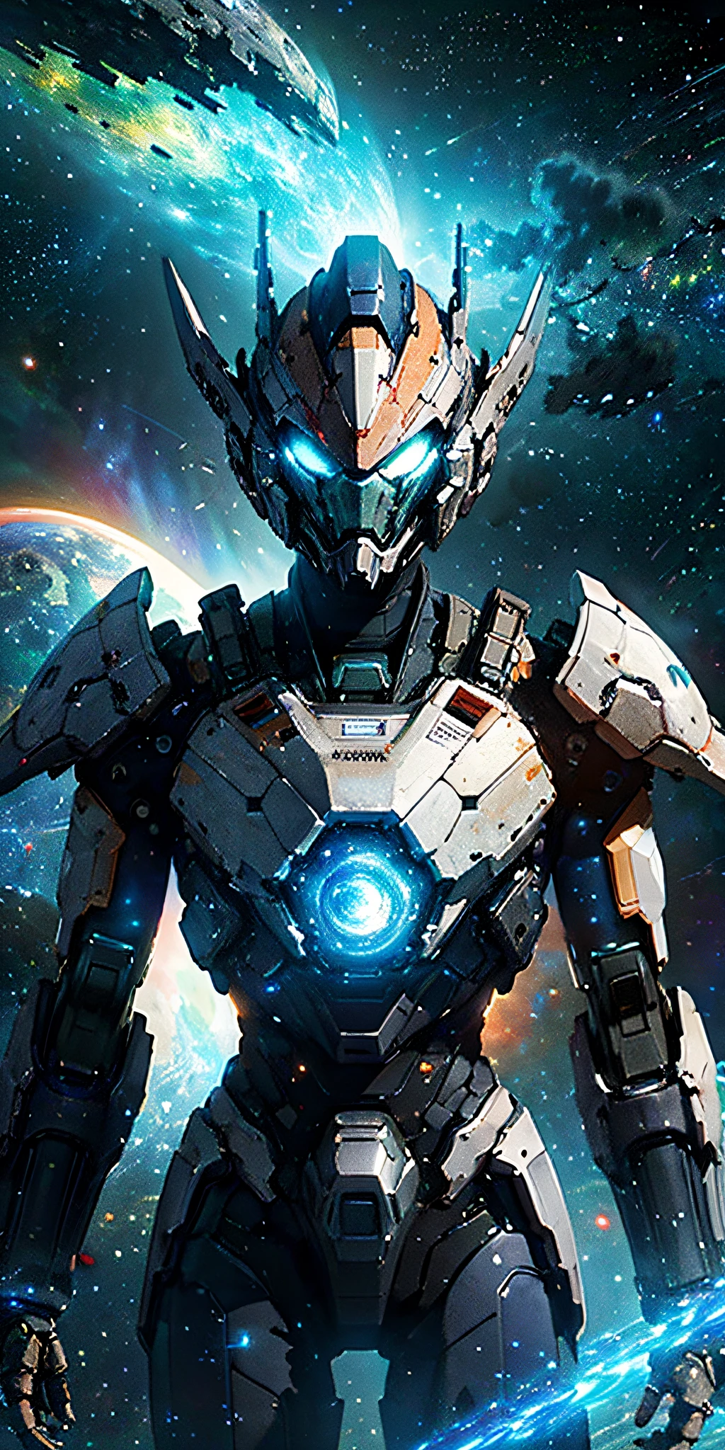 Background galactic starry sky,space ship,((Masterpiece)),(Best quality)),Magnificent space image scene,Interstellar,Armour,full bodyesbian