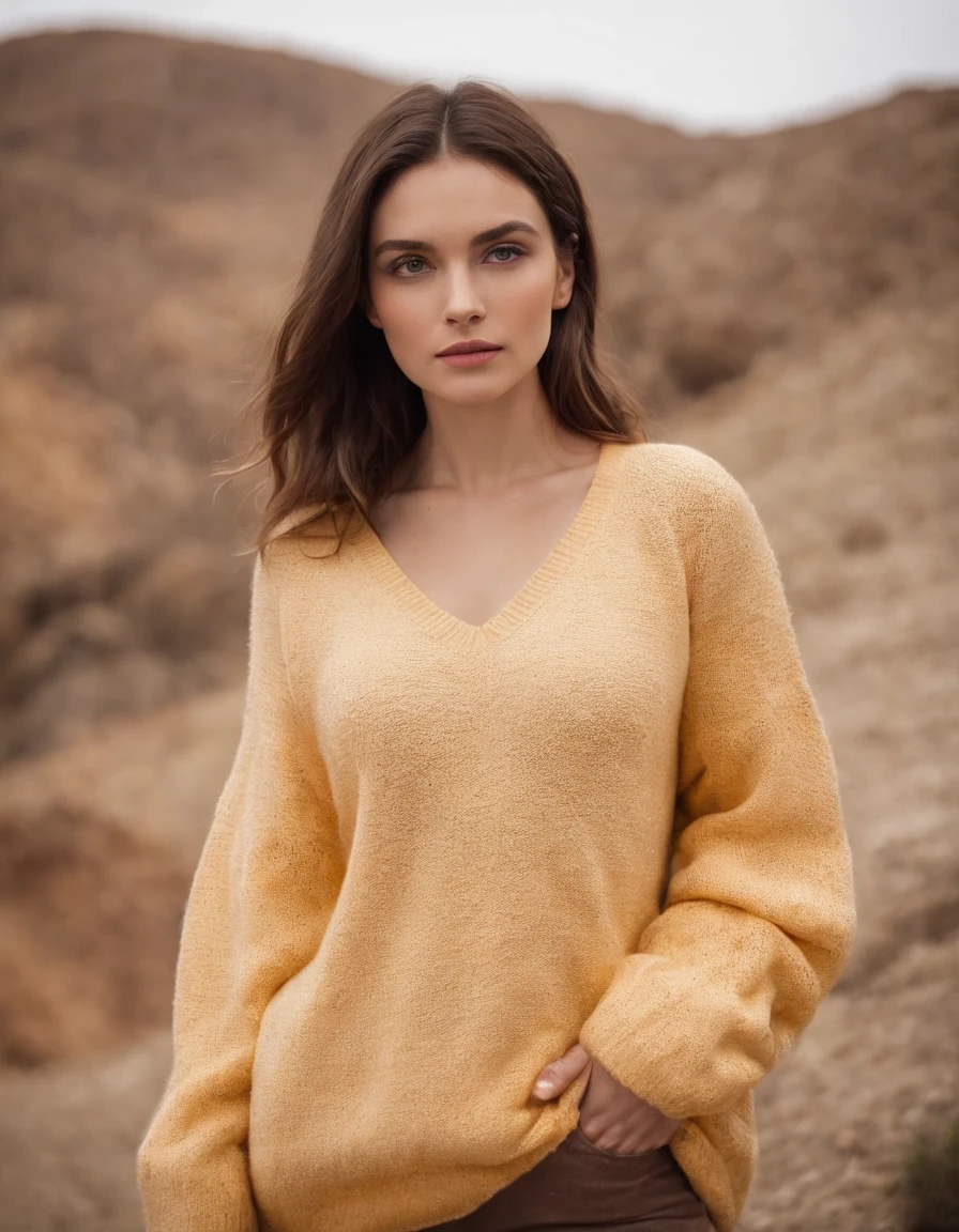 extreme close-up brunette wearing yellow sweater and brown boots in front of cliff, in the style of dark orange and white, monochrome geometry, zigzags, white and beige, photo taken with provia, dark beige and white, reefwave graceful posture bust (medium long shot)