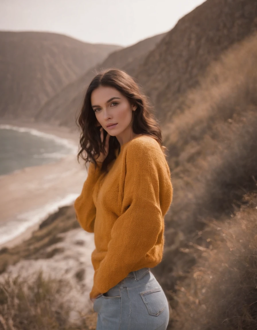 extreme close-up brunette wearing yellow sweater and brown boots in front of cliff, in the style of dark orange and white, monochrome geometry, zigzags, white and beige, photo taken with provia, dark beige and white, reefwave graceful posture bust (medium long shot)