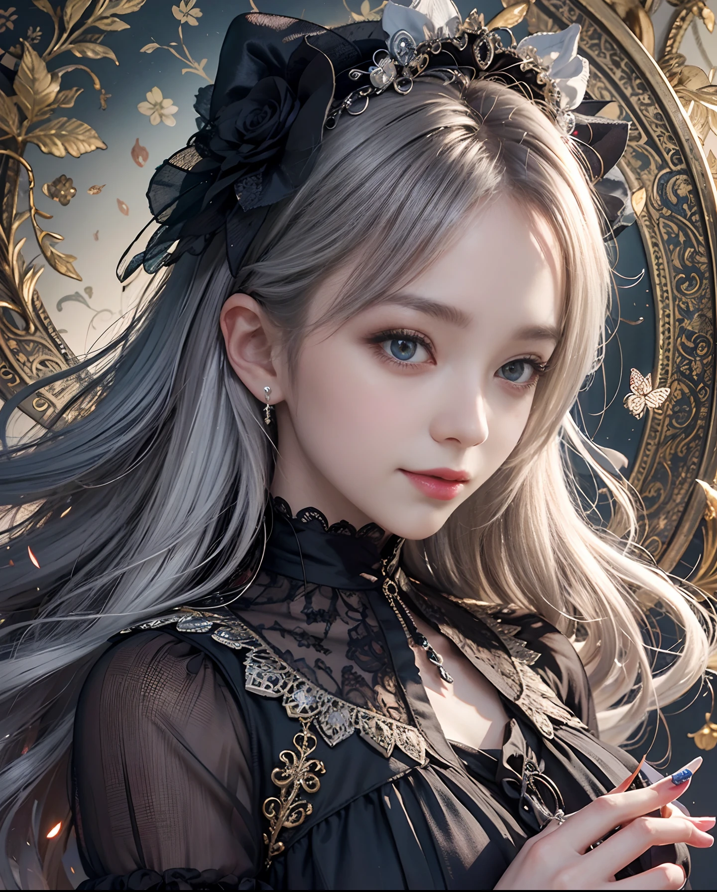 Masterpiece, High Resolution, Paisley Pattern Wallpaper, Intricately Drawn Paisley Pattern, 10,000 Colors, Colorful, Craftsmanship, 1 Girl, 9 Figures, Looking at the Viewer, Smiling, Silver Hair, Okabo, Diamond Sparkle, Colorful Decoration, Grains of Light Dancing, Detailed Gothic Style (Maximalism: 1.5), Diffused Lighting, (Depth of Field: 1.8), Gothic Lolita, Diffuse reflection of light, (background percentage: 65%)