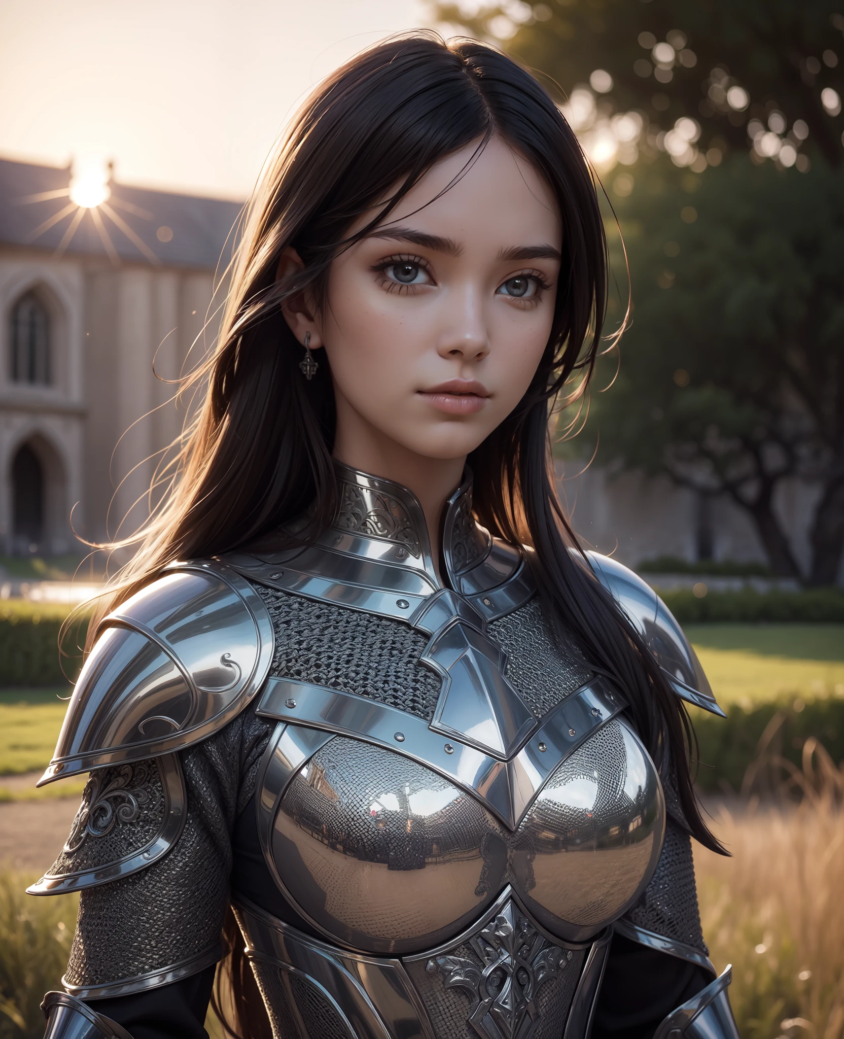 (masterpiece), (extremely intricate:1.3), (realistic), portrait of a girl, the most beautiful in the world, (medieval armor), metal reflections, upper body, outdoors, intense sunlight, far away castle, professional photograph of a stunning woman detailed, sharp focus, dramatic, award winning, cinematic lighting, , volumetrics dtx, (film grain, blurry background, blurry foreground, bokeh, depth of field, sunset,interaction, Perfectchainmail