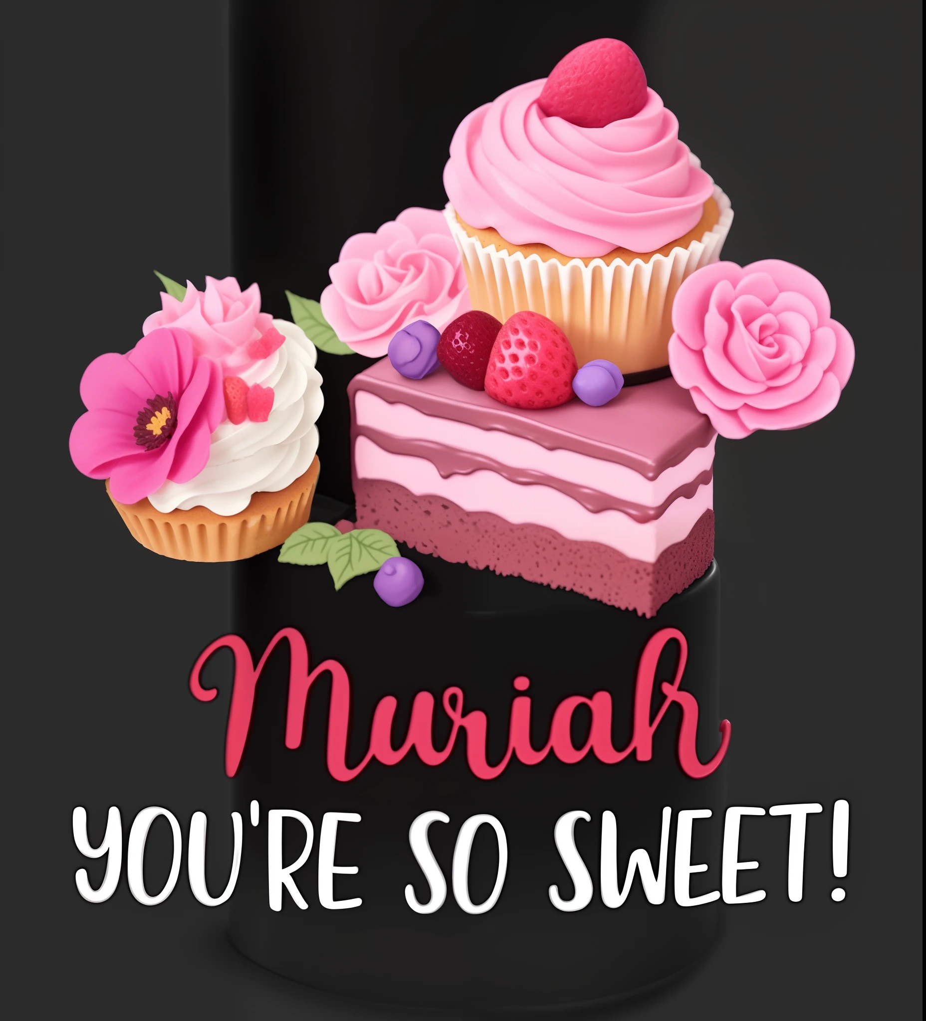 there is a black mug with a cake and flowers on it, sweets, very sweet, 🎀 🧟 🍓 🧚, sweet, sugary sweet, fanart, illustration!, made out of sweets, (digital art), 🎀 🍓 🧚, matthew stewart, oh yeah, 👅 👅, by Meredith Dillman, graphic, 🎀 🗡 🍓 🧚, sarah