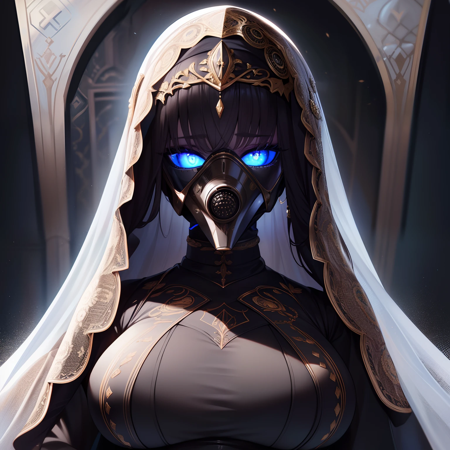 best quality,4k,8k,highres,masterpiece:1.2),ultra-detailed,realistic, long skirt,suits,gas mask covering entire head,beautiful detailed eyes,beautiful detailed lips,black suit,black background,portrait,studio lighting,vivid colors, medium breast