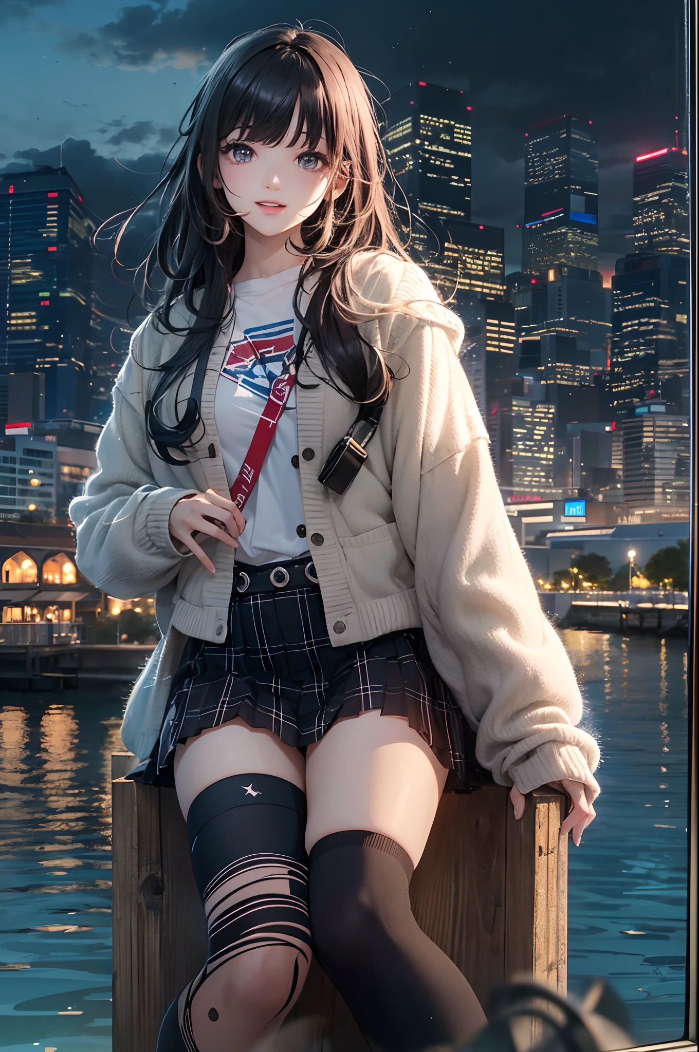 (extremely details CG、Unity、8K Wallpapers)、(extremely delicate and beautiful)、(​masterpiece)、(top-quality:1.0)、(超A high resolution:1.0)、beautiful  lighting、perfect lightning bolt、realistic shadow、[hight resolution]、Detailed skin、ultra-detailliert、detailed faces and eyes、Realistic eyes、Sharp pupils、cowboy  shot,  (Vibrant city skyline reflected on the tranquil waterfront:1.4)、Evening glow、beauitful face、blurry backround、16-year-old beautiful girl、shinny skin、poneyTail、Beautiful black hair、Blunt bangs、eyes are brown、student clothes、Plaid miniskirt、knee sox、Black socks、Curve、Smile with open mouth