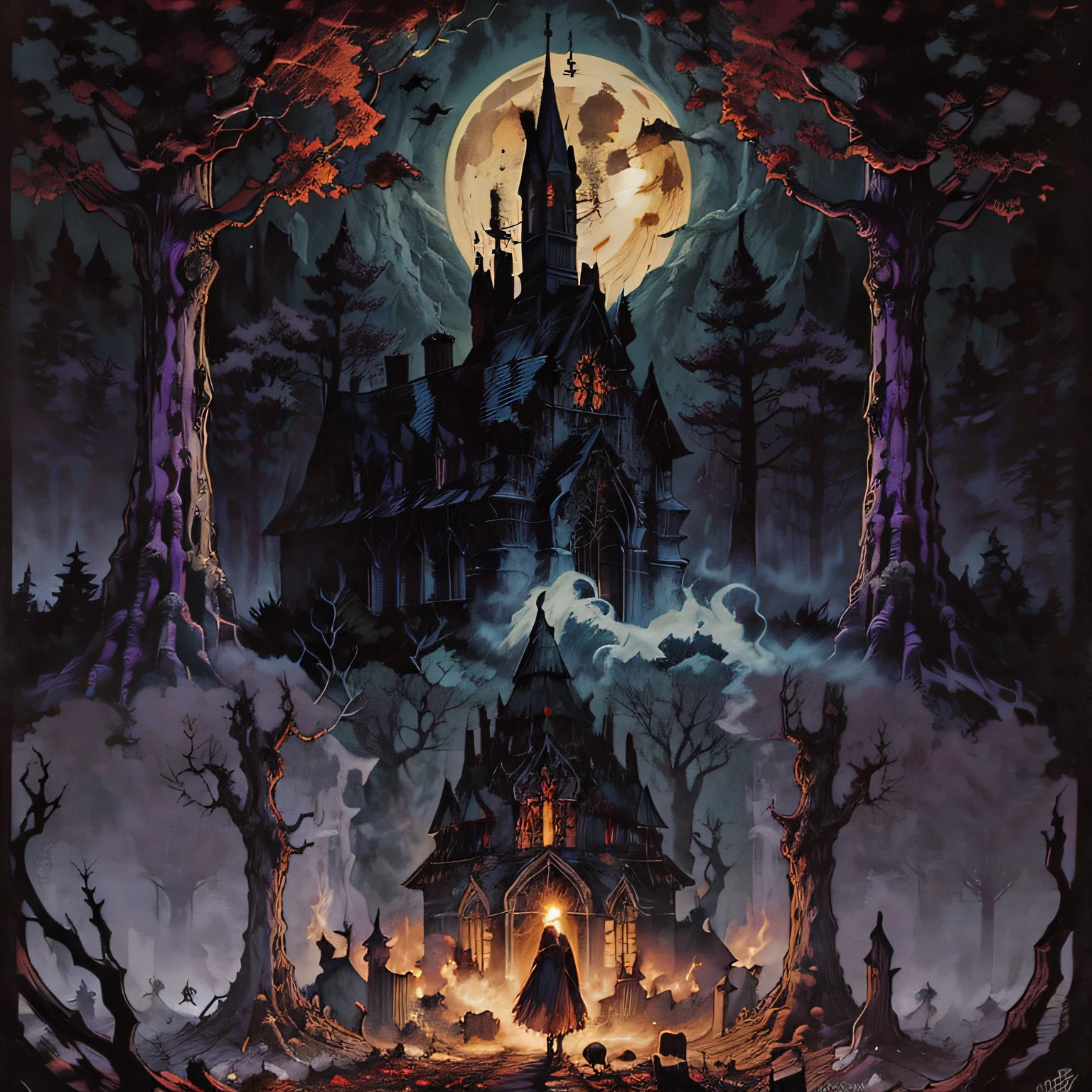 darkspherastyle, (church in flames), fire accident, fire, dark coven, forest, horror theme, moon on sky, black metal album, darkness, creepy forest