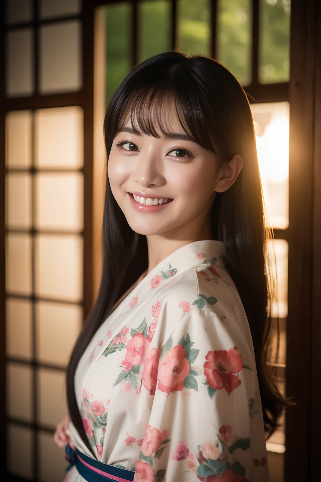 20 year old girl、Drill Hair、yukata、kimono、Viola、a smile、Beautuful Women、((top-quality、8K、​masterpiece：1.3))、foco nítido：1.2、An ultra-high picture quality、top-quality、​masterpiece、natural soft light、The upper part of the body、the setting sun、