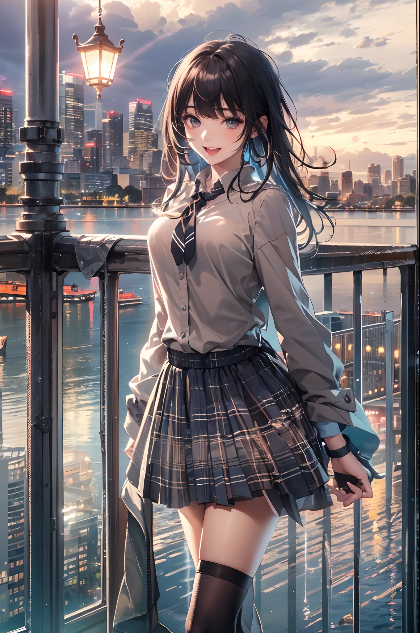 (extremely details CG、Unity、8K Wallpapers)、(extremely delicate and beautiful)、(​masterpiece)、(top-quality:1.0)、(超A high resolution:1.0)、beautiful  lighting、perfect lightning bolt、realistic shadow、[hight resolution]、Detailed skin、ultra-detailliert、detailed faces and eyes、Realistic eyes、Sharp pupils、cowboy  shot,  (Vibrant city skyline reflected on the tranquil waterfront:1.4)、Evening glow、beauitful face、blurry backround、-yeld beiful girl、shinny skin、poneyTail、Beautiful black hair、Blunt bangs、eyes are brown、student clothes、Plaid miniskirt、knee sox、Black socks、Curve、Smile with open mouth