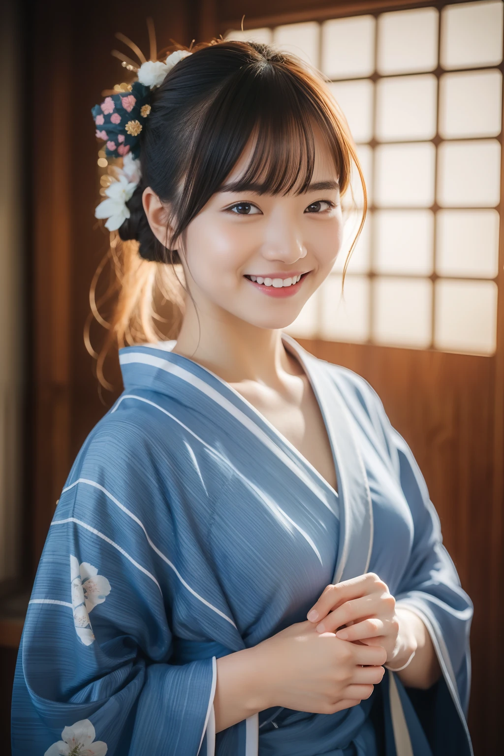 20 year old girl、Drill Hair、yukata、kimono、Viola、a smile、Beautuful Women、((top-quality、8K、masterpiece:1.3))、foco nítido:1.2、An ultra-high picture quality、top-quality、masterpiece、natural soft light、The upper part of the body、the setting sun、