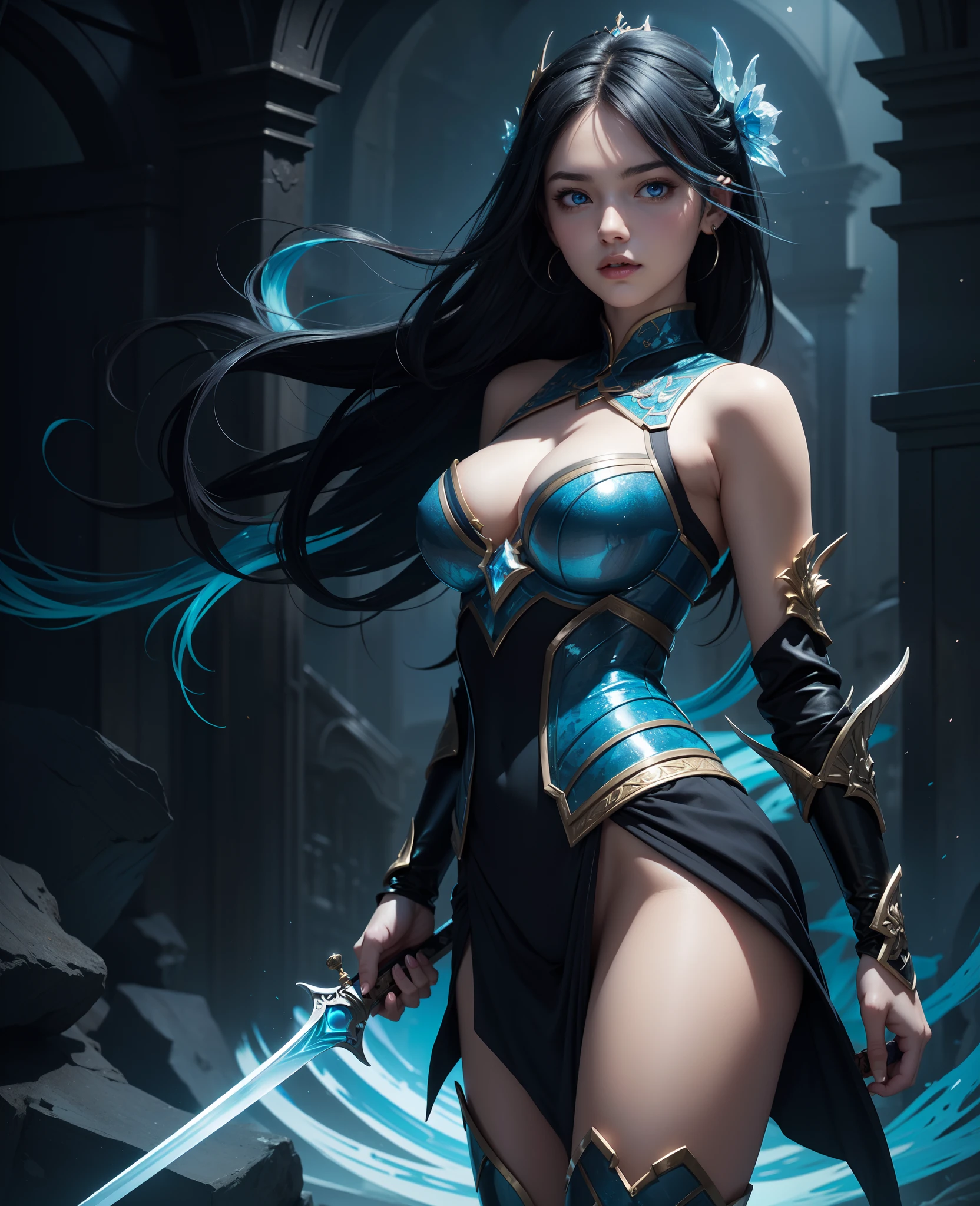 ((masterpiece, best quality)),a girl holding one sword, in the style of dark azure and light azure, mixes realistic and fantastical elements, vibrant manga, uhd image, glassy translucence, vibrant illustrations。
