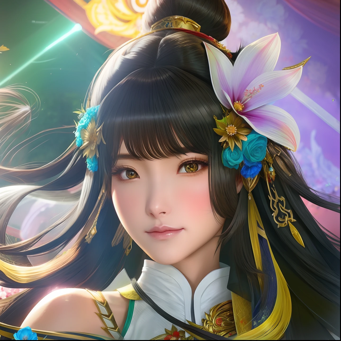 girl with long hair and a flower in her hair, extremely detailed artgerm, realistic, masterpiece, ultra detail, kagura from mobile legends.