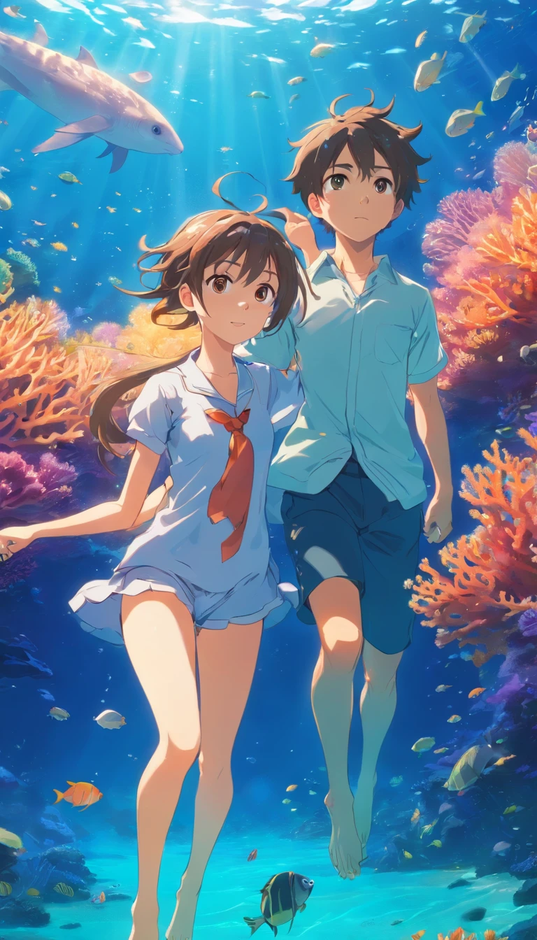 k hd,dream magical,scenecy,photorealestic,ocean floor,A boy and girl swim at the bottom of the sea,The corals,Marine life,