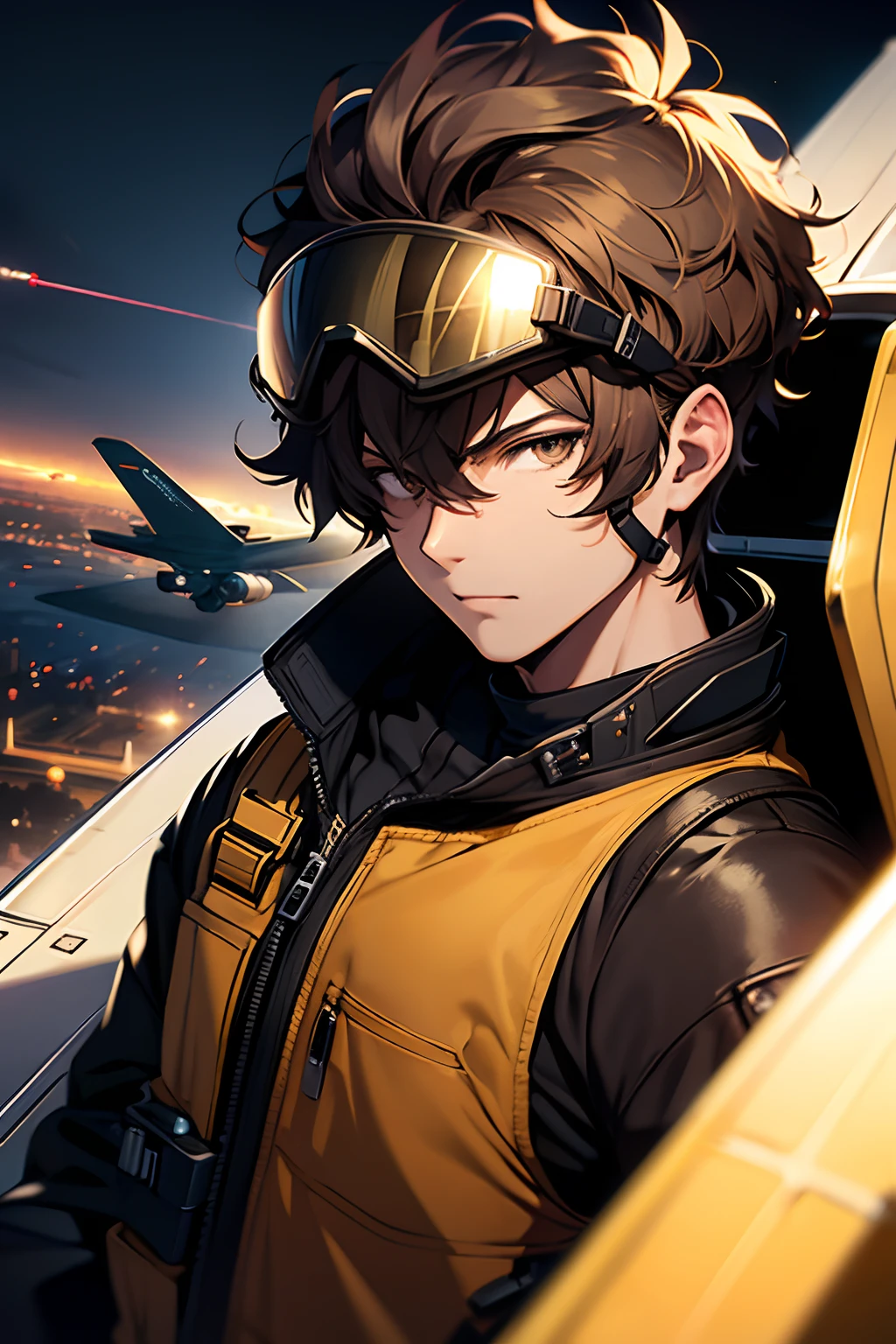 boy, brown hair, short hair, curly hair, dark brown eyes, wearing flight goggles, airplane pilot, pilot suit, airport night background, ((high quality)), ((high definition)),((masterpiece))