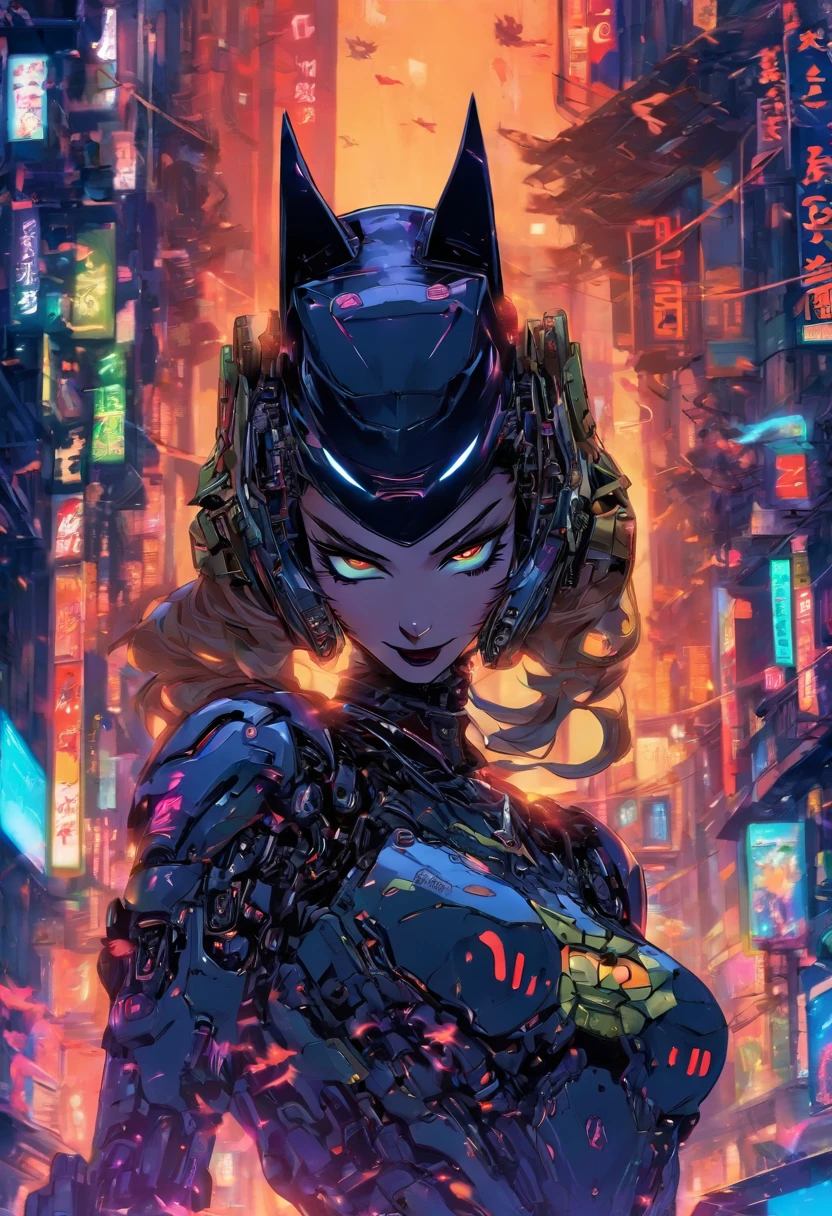 dark fantasy, mecha catwoman, wearing mecha suit and samurai mecha mask, futuristic, highly detailed