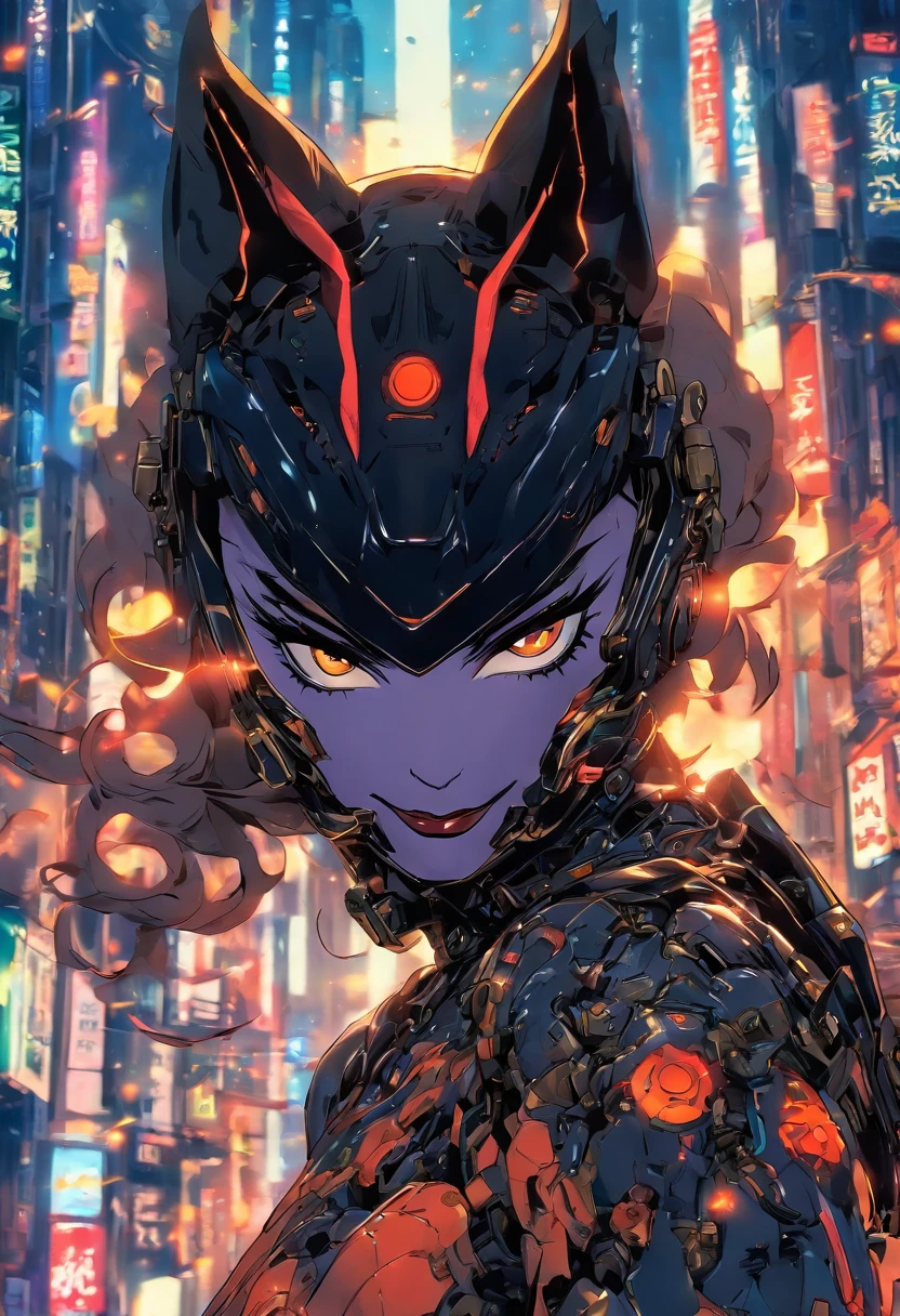 dark fantasy, mecha catwoman, wearing mecha suit and samurai mecha mask, futuristic, highly detailed