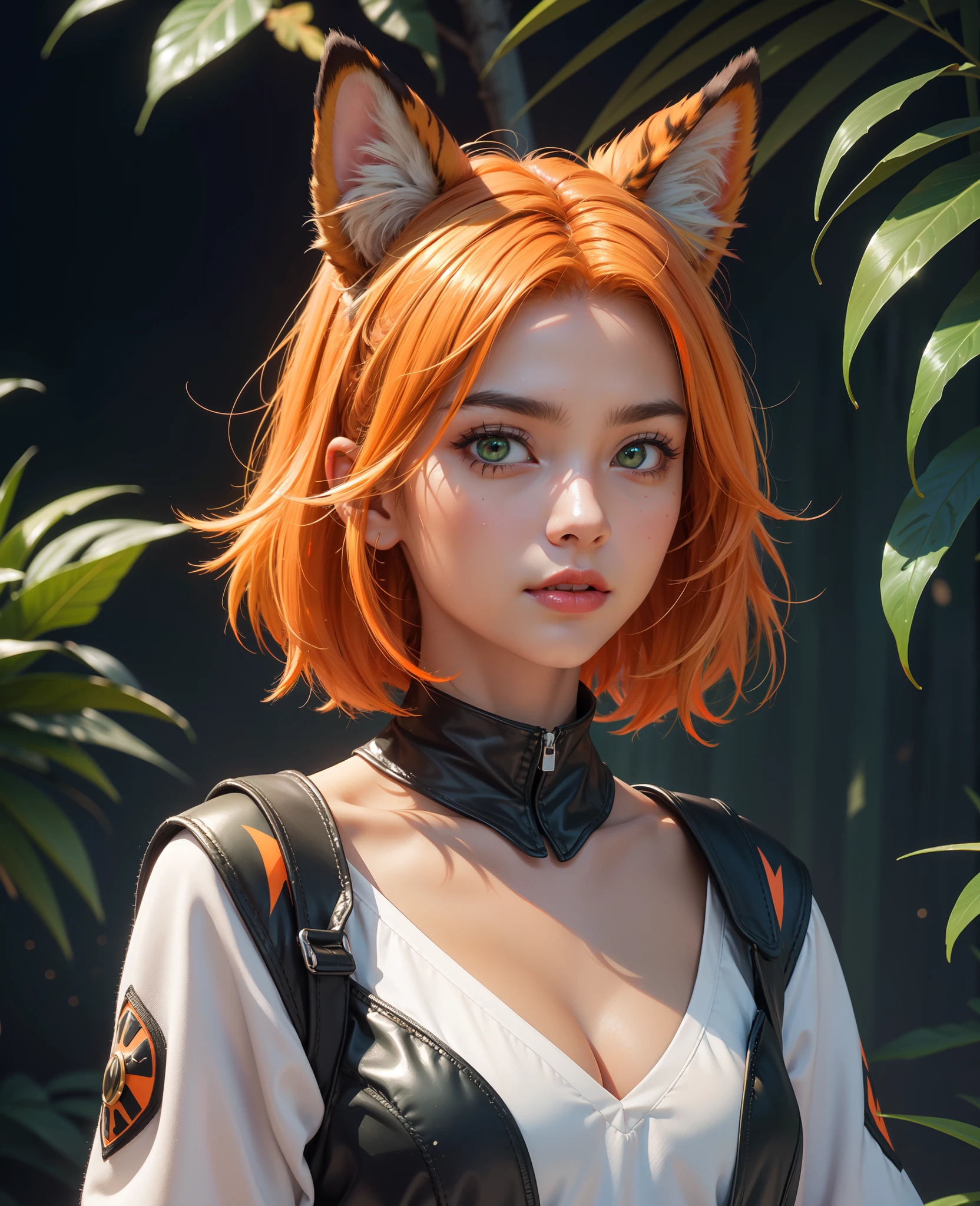 (masterpiece:1.1), (highest quality:1.1), (HDR:1.0), extreme quality, cg, (negative space), detailed face+eyes, 1girl, fox ears, animal ear fluff, (plants:1.18), (fractal art), (bright colors), splashes of color background, colors mashing, paint splatter, complimentary colors, neon, (thunder tiger), compassionate, electric, limited palette, synthwave, fine art, tan skin, upper body, (green and orange:1.2), time stop, sy3, SMM