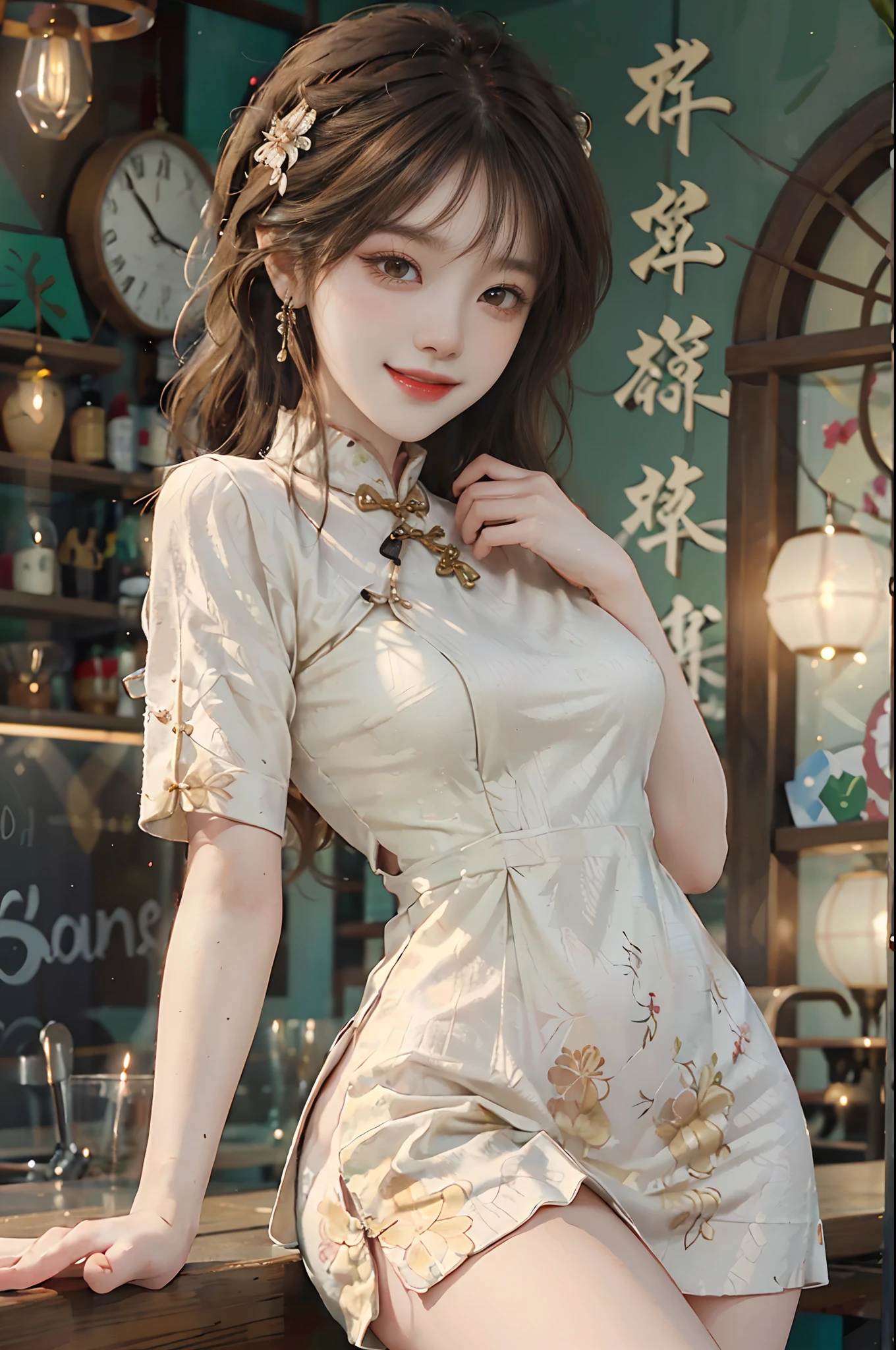 ((upper body)), ((from below)), 1 Asian female model, A young girl, (Close up), (in a pub, Stand up, Cross ed leg, Leaning against the bar), pretty pose, Eye-catching poses, Detailed scenes, Coiled hair, Hairpins, Beautiful hair accessories, Brownish-yellow hair, light make-up, Blushlush, Gloss on lips, pretty legs, ((on cheongsam, high-heels)), ((warm lights, a warm color palette)), (Extremely high color saturation), Detailed details, ultra-detailliert, (tmasterpiece, best qualtiy), (An extremely delicate and beautiful work), Delicate earrings, Delicate necklace, Simple blurred background, Extreme detail description, Ultra-fine painting, Delicate face, slim toned body, Slimming the waist, (ssmile, grin), (anatomy correct)