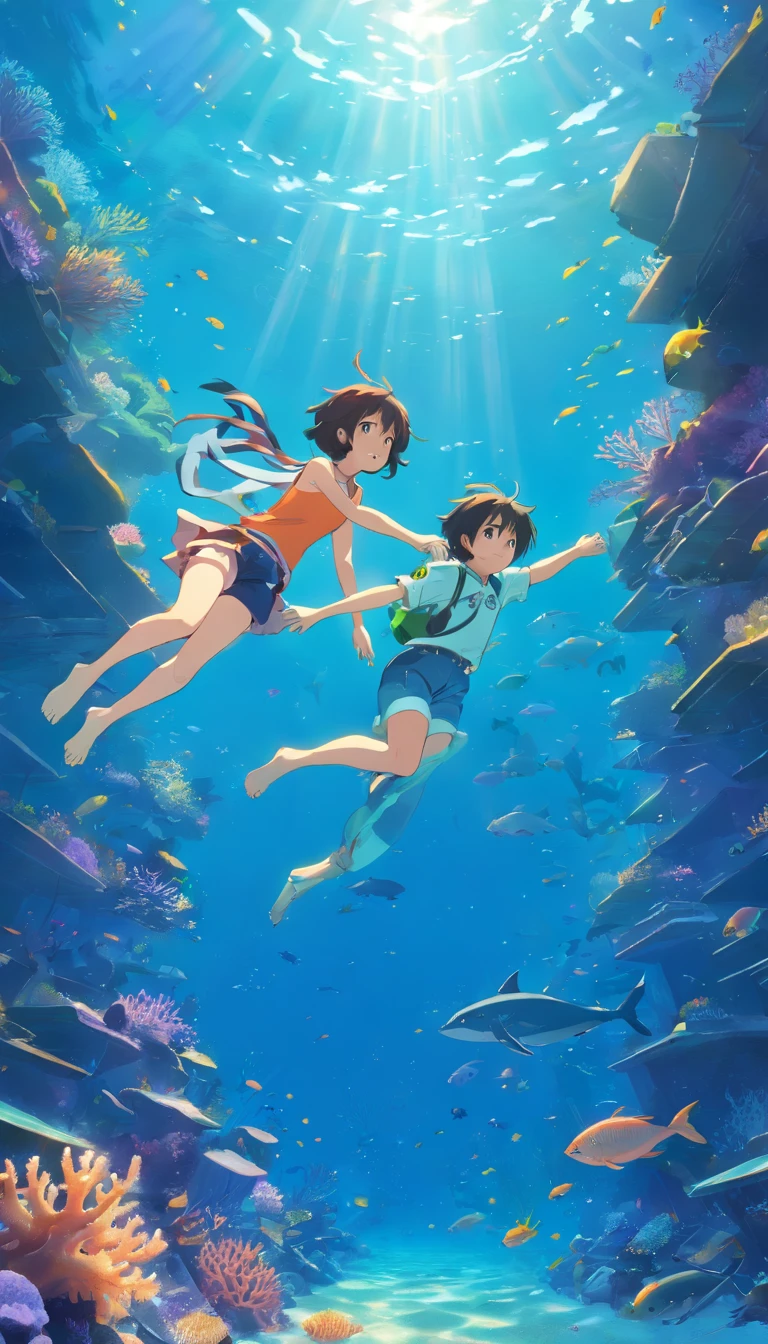 k hd,dream magical,scenecy,photorealestic,ocean floor,A boy and girl swim at the bottom of the sea,The corals,Marine life,