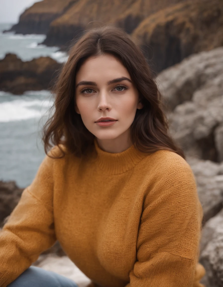 extreme close-up brunette wearing yellow sweater and brown boots in front of cliff, in the style of dark orange and white, monochrome geometry, zigzags, white and beige, photo taken with provia, dark beige and white, reefwave graceful posture (bust)