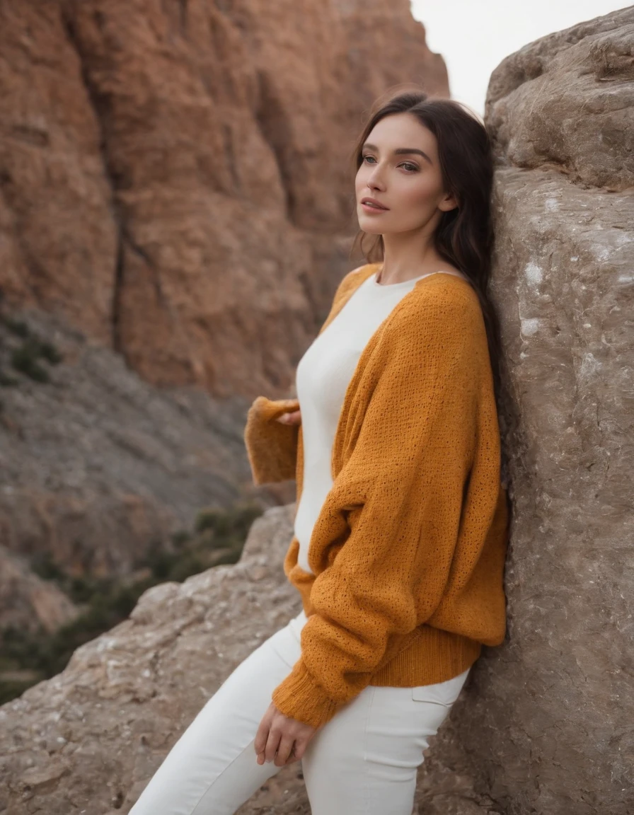 extreme close-up brunette wearing yellow sweater and brown boots in front of cliff, in the style of dark orange and white, monochrome geometry, zigzags, white and beige, photo taken with provia, dark beige and white, reefwave graceful posture (bust)