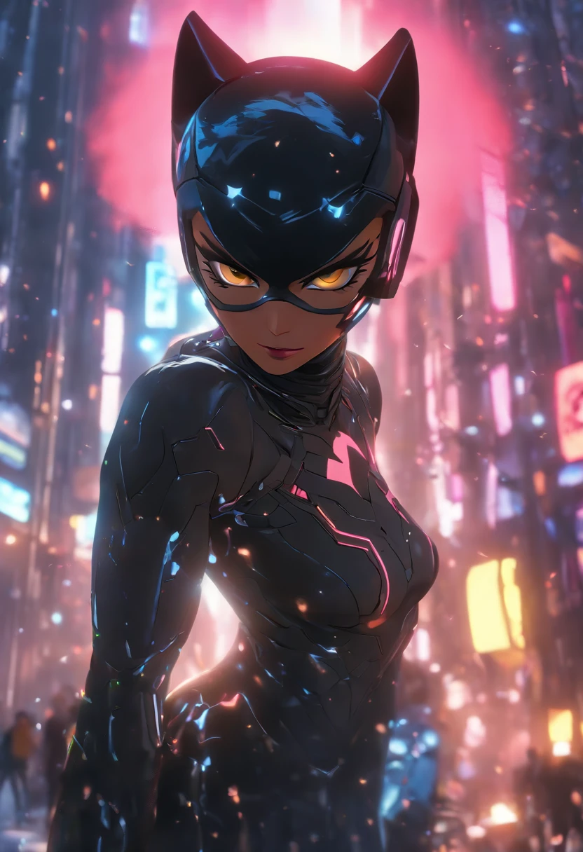 ((best quality)), ((masterpiece)), ((realistic)), (detailed), (photorealistic:1.5), futuristic Catwoman, (white bodysuit), lights on armor, cybernetic headwear, looking at viewer, dynamic pose, post apocalyptic, destroyed city background, buildings on fire, science fiction, hdr, ray tracing, nvidia rtx, super-resolution, unreal 5, subsurface scattering, pbr texturing, post-processing, anisotropic filtering, depth of field, maximum clarity and sharpness, rule of thirds, 8k raw, (luminescent particles:1.4), (extremely detailed cg, unity 8k wallpaper, 3d, cinematic lighting, lens flare), reflections, sharp focus, cyberpunk art, cyberpunk architecture,
