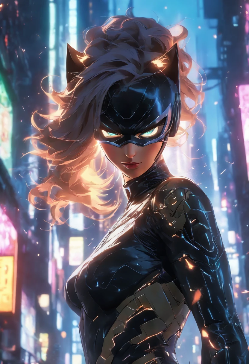 ((best quality)), ((masterpiece)), ((realistic)), (detailed), (photorealistic:1.5), futuristic Catwoman, (white bodysuit), lights on armor, cybernetic headwear, looking at viewer, dynamic pose, post apocalyptic, destroyed city background, buildings on fire, science fiction, hdr, ray tracing, nvidia rtx, super-resolution, unreal 5, subsurface scattering, pbr texturing, post-processing, anisotropic filtering, depth of field, maximum clarity and sharpness, rule of thirds, 8k raw, (luminescent particles:1.4), (extremely detailed cg, unity 8k wallpaper, 3d, cinematic lighting, lens flare), reflections, sharp focus, cyberpunk art, cyberpunk architecture,