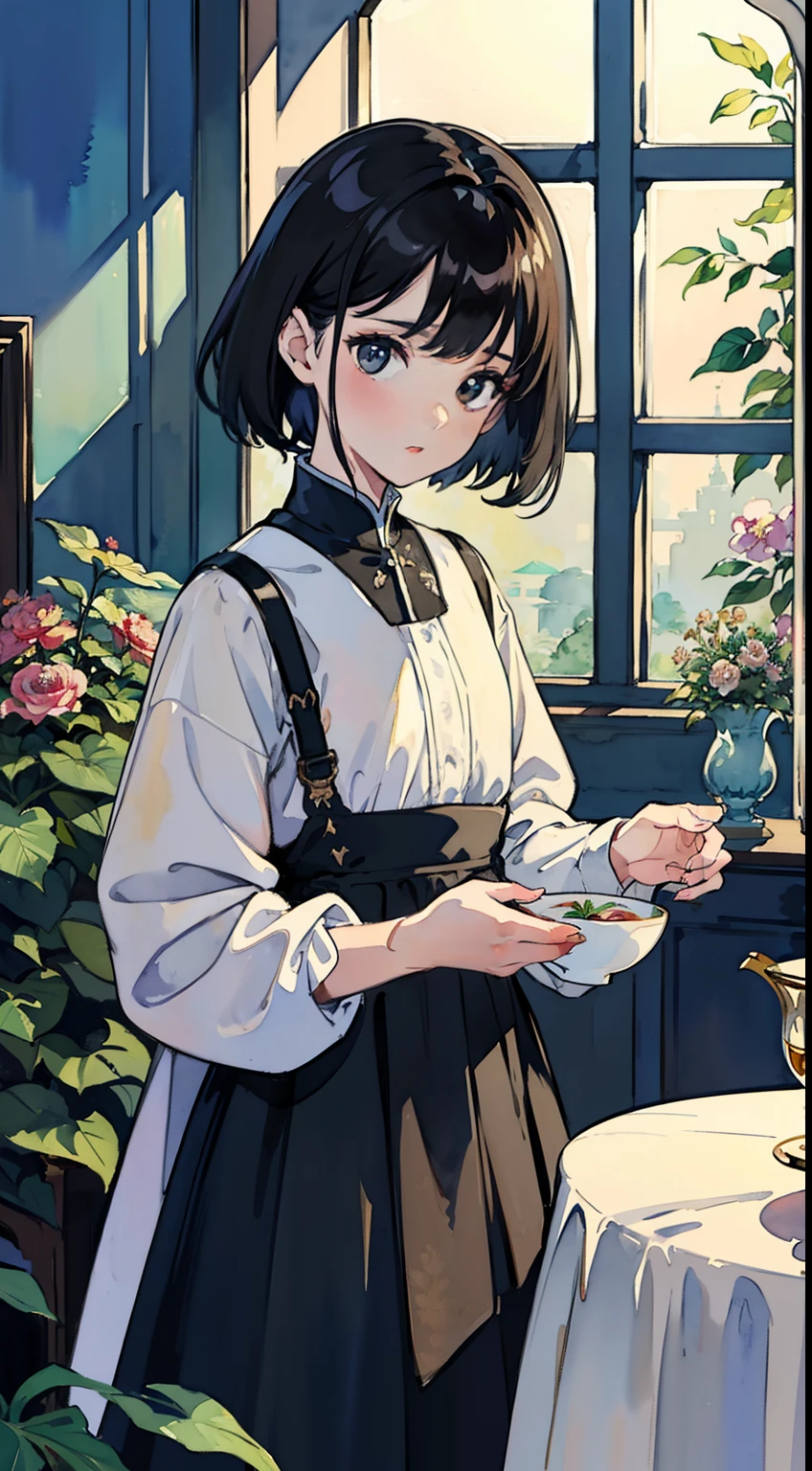 ((Watercolor by singer Sargent))、(top-quality、masterpiece)、1girl in、sixteen years old、A stunning、Short black hair、Black eyes、tiny chest、校服、long skirt、Botanical Garden、Flower Shop、The table、florals、tea set、window、houseplant、 The tree,