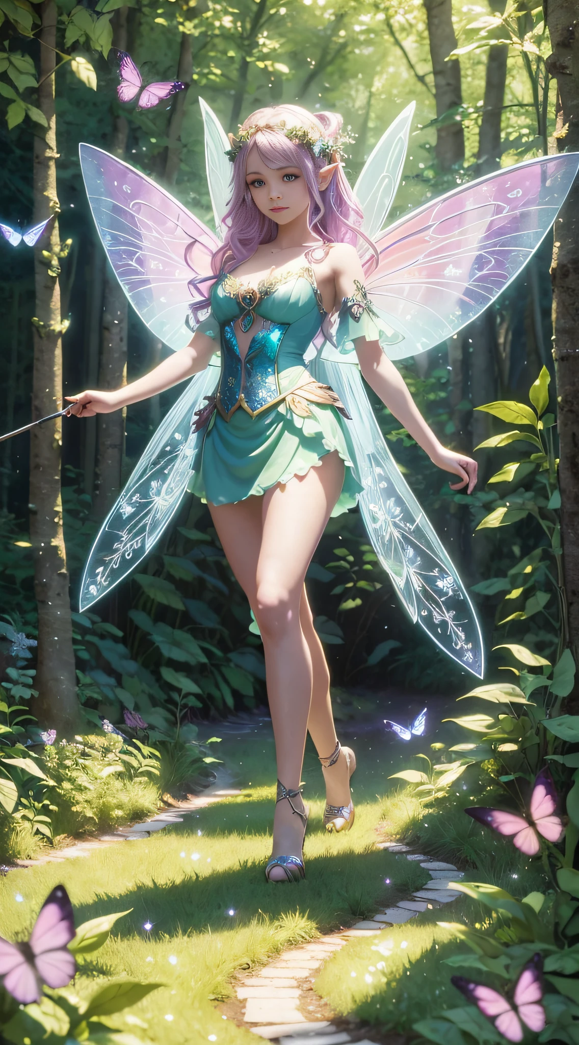 full body fairy fly in the forest fairies, fairy fairies, colorful wings, fairy dust, flying fairies holding wands, magical lights, (masterpiece:1.6, best quality), (extremely detailed CG unity 8k wallpaper, masterpiece, super detailed, best shadows), (detailed background), fairy aesthetics, very beautiful fantasy art