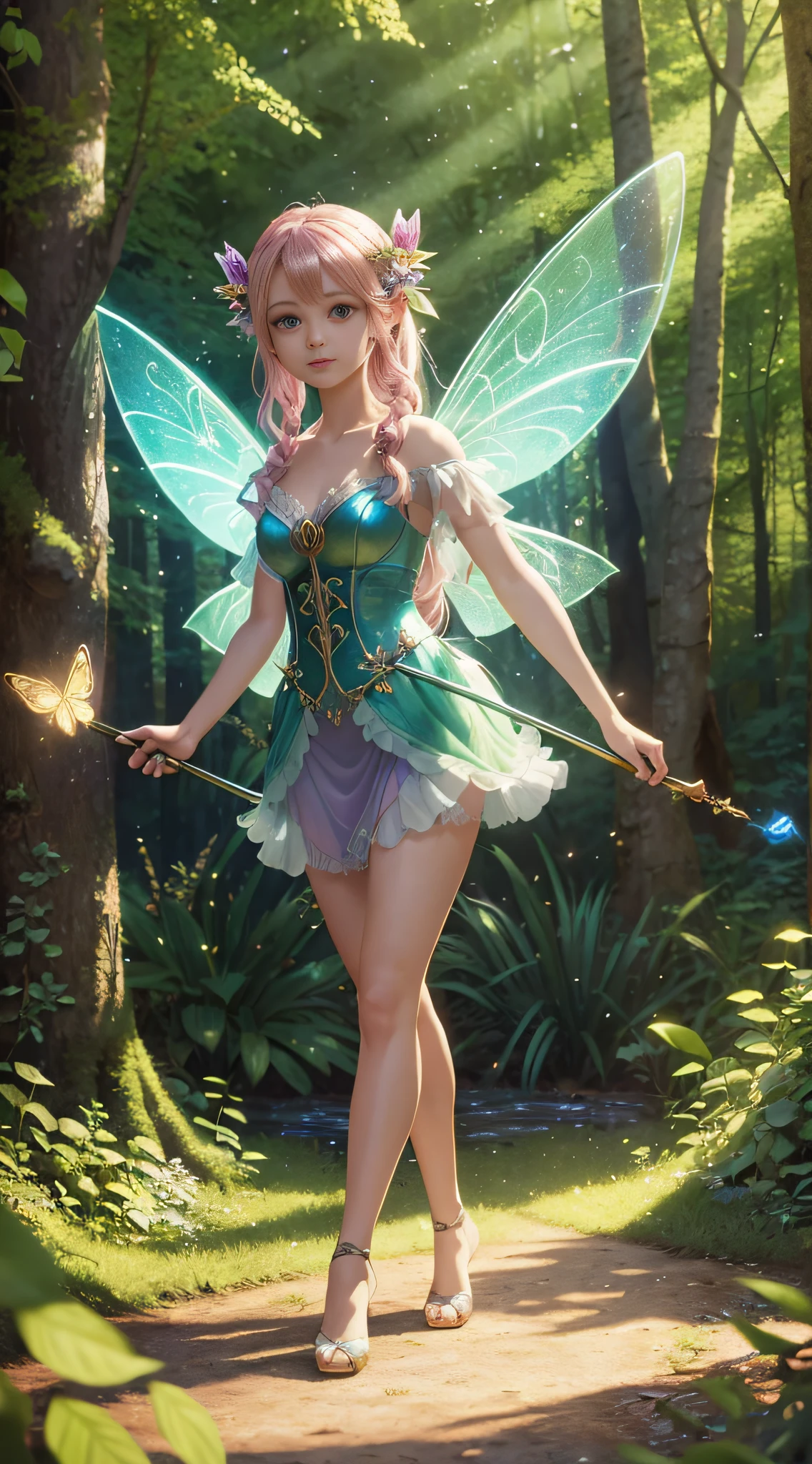 full body fairy fly in the forest fairies, fairy fairies, colorful wings, fairy dust, flying fairies holding wands, magical lights, (masterpiece:1.6, best quality), (extremely detailed CG unity 8k wallpaper, masterpiece, super detailed, best shadows), (detailed background), fairy aesthetics, very beautiful fantasy art