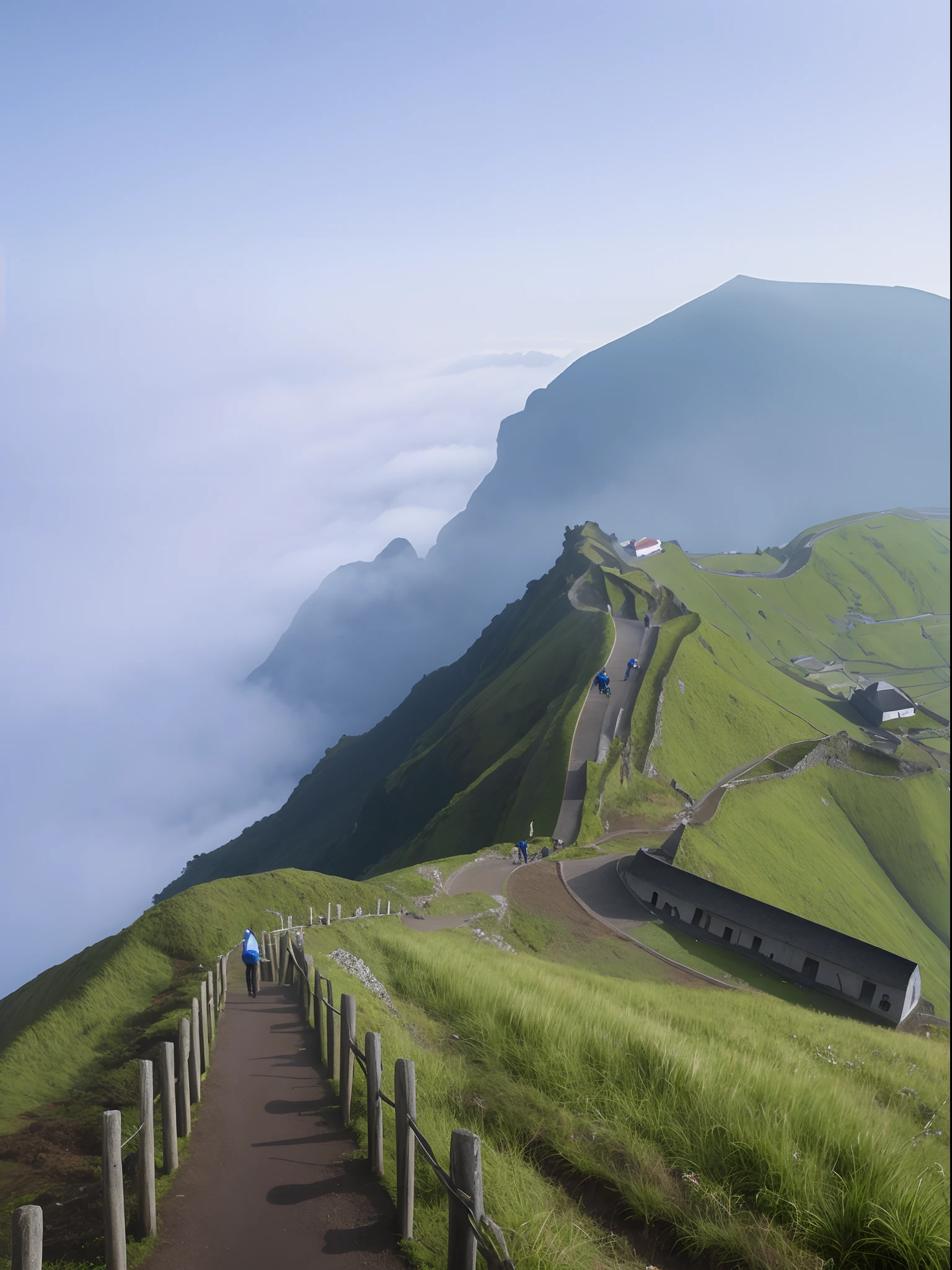 There is a long path up the hill,The background is a mountain, azores, walking above the clouds and fog, Breathtaking landscapes, stunning nature in background, 8 k''. filling of the view, “ aerial view of a mountain, time to climb the mountain path, epic and stunning, author:Raphael Colin, malika favre, ( Visually stunning