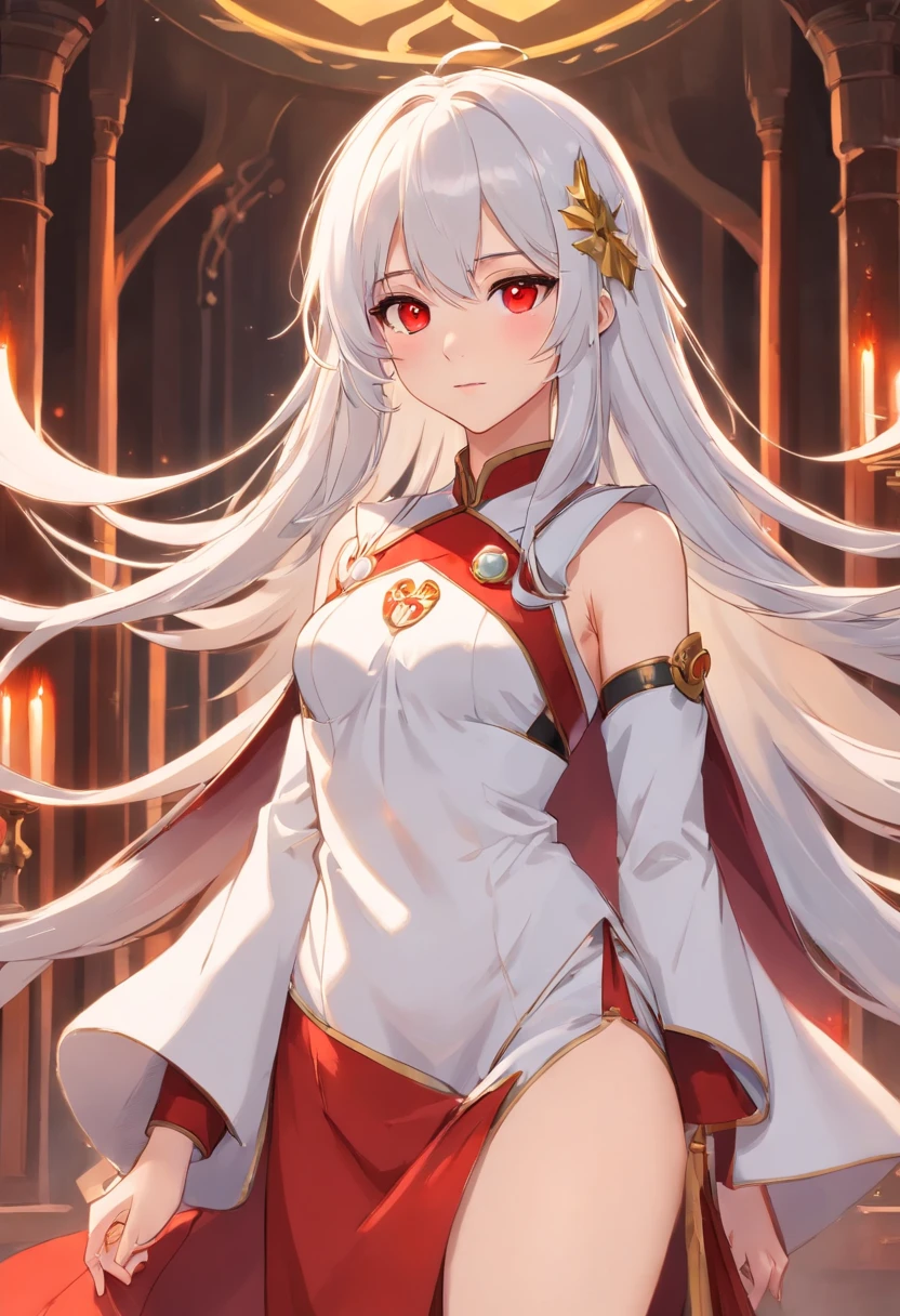 masterpiece, highest quality, 1 woman, mature, mother goddess, hips, tall, white hair, red eyes, perfect proportions, gorgeous, solo, long hair, cleavage, long legs, silk dressing gown, bed, rigorous body structure, good-looking fingers
