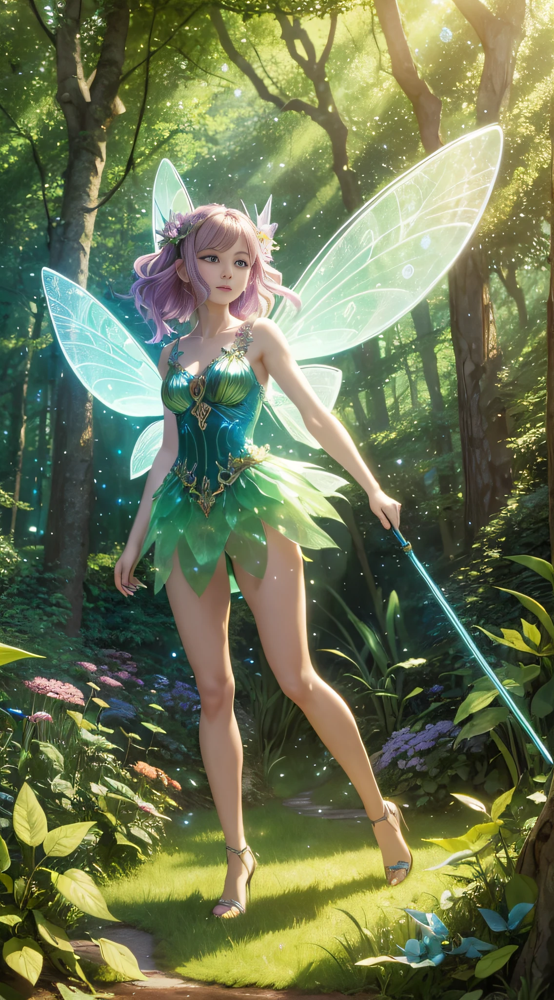 full body fairy fly in the forest fairies, fairy fairies, colorful wings, fairy dust, flying fairies holding wands, magical lights, (masterpiece:1.6, best quality), (extremely detailed CG unity 8k wallpaper, masterpiece, super detailed, best shadows), (detailed background), fairy aesthetics, very beautiful fantasy art