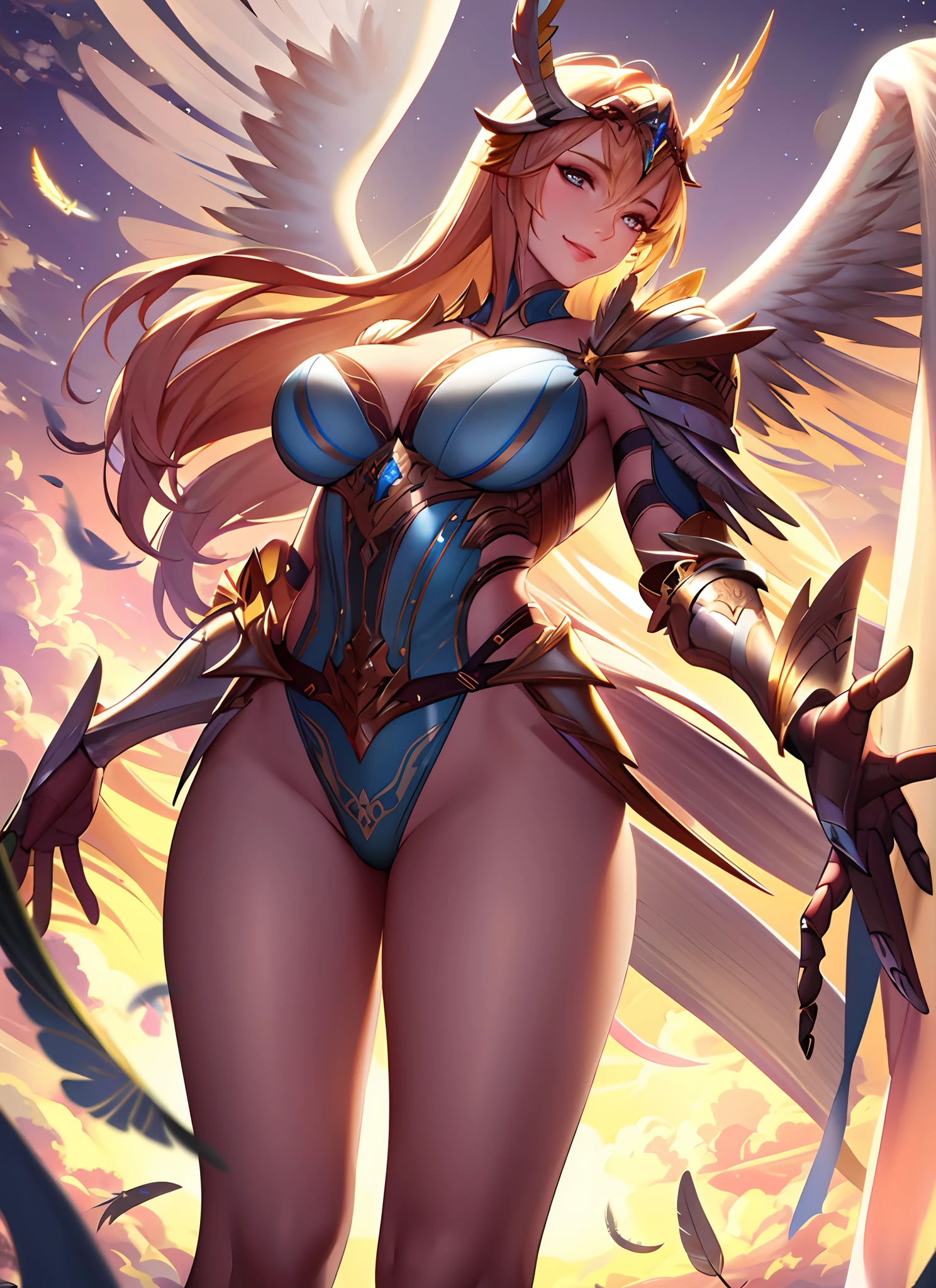 valkyrie,winged helmet,feather,shoulder armor,complex,intricate, perfect lighting, 1girl, looking at viewer, smile,(masterpiece), (best quality)cinematic lighting,wings,flying in sky,glowing feathers,holy light,vivid