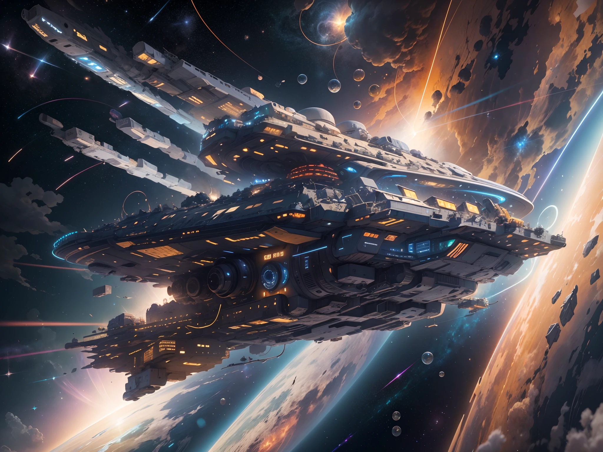 ((Masterpiece)), (Best quality)), 8K, High detail, Hyper-detailing, In the depths of the boundless universe,The orange-red stars burn gently,Wrap everything in a warm glow。A magnificent ship、Mysterious starships slowly traverse the vastness of space,The smooth metal casing exudes an attractive silvery-white sheen。The void around the spacecraft is filled with bizarre plasma clouds,Like a colorful abstract painting。The boat windows glow soft blue light,The crew was there staring,The eyes are filled with a desire to explore the unknown。They wear spacesuits,Wear a wide helmet,Through high-tech displays,Admire stunning galactic and planetary landscapes。Giant gaseous planets spin in incredibly rich colors,There is an air of mystery on it,As if hiding endless cosmic mysteries。The Starship's thrusters release flowing beams of energy,Like a shooting star that cuts through the night sky,Propel the ship to new galaxies。A journey through the universe,The magnificent feeling of traveling through time and space is intoxicating。Every landscape is full of infinite change and shock,Create breathtaking visual spectacle。When the spacecraft crosses the border of the Milky Way,In the darkness of the vast universe,Countless shining stars shine like diamonds。This is unexplored territory,Mysterious and seductive,Waiting for the brave explorer to conquer。The stars are like beacons of the universe,Light the way to the future,Unleash the boundless imagination of man。