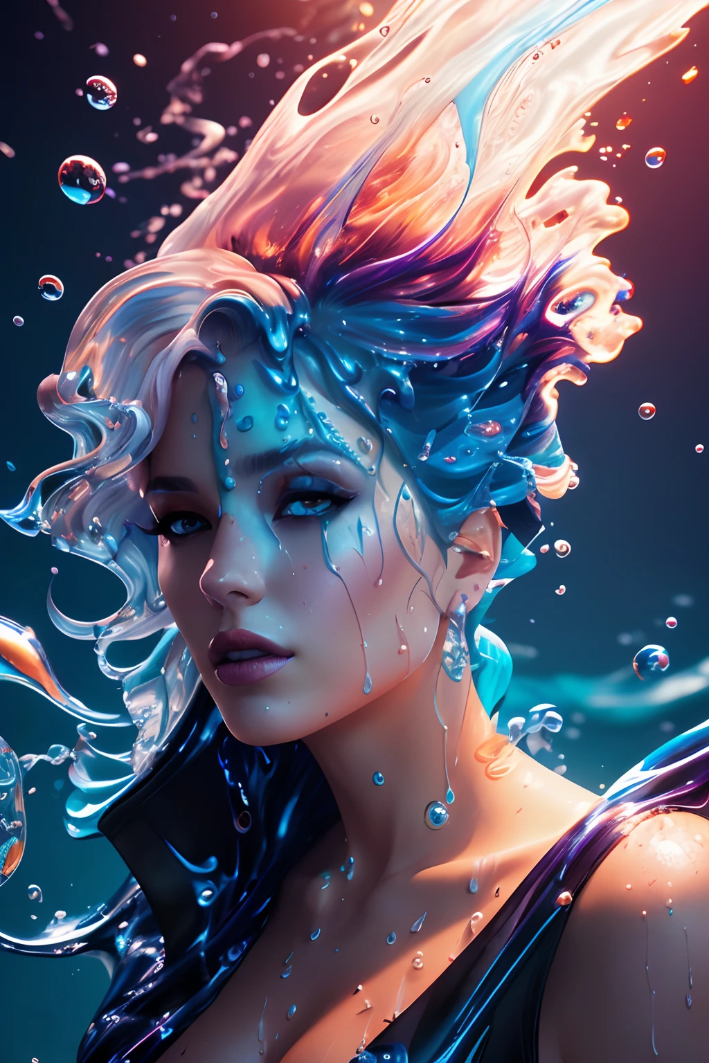 modelshoot style, (extremely detailed CG unity 8k wallpaper), Chaotic storm of intricate liquid smoke in the head, stylized beauty full - length abstract portrait, wet-skin, by petros afshar, ross tran, tom whalen, peter mohrbacher, artgerm, shattered glass, ((bubbly underwater scenery)) radiant light octane render highly detailed