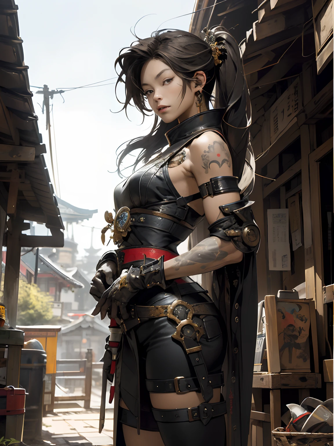 ((woman))), (((best qualityer))), (((tmasterpiece))), (((AS-Adult))), ((( Japanese ))), Look up from your knees, A beautiful asian samurai woman with perfect body, Modern samurai, ((( Asian))), Wear gloves on your hands，The left arm is made of steel and metal tips，Made of protective devices,Black eyes, (( Appears below the breast )), (( Small dental floss )), Simon Bisley, Almost naked（Simon Bisley）Castle City Wilderness，For high-resolution posters, hair straight, Minimum clothing, armure (Crazy clothes ), Full of tips and rivets, tribal tattoos, (((full bodyesbian))), Straight brunette hair，Colored hair ends