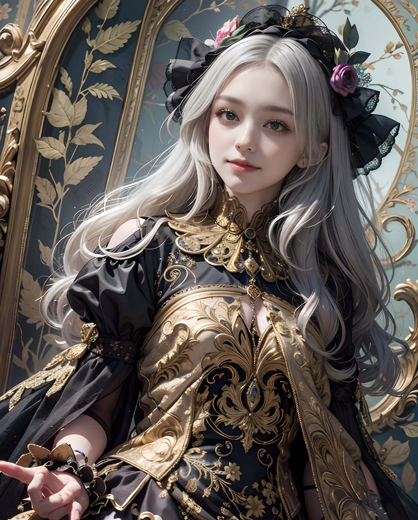 Masterpiece, High Resolution, Paisley Pattern Wallpaper, Intricately Drawn Paisley Pattern, 10,000 Colors, Colorful, Craftsmanship, 1 Girl, 9 Figures, Looking at the Viewer, Smiling, Silver Hair, Okabo, Diamond Sparkle, Colorful Decoration, Grains of Light Dancing, Detailed Gothic Style (Maximalism: 1.5), Diffused Lighting, (Depth of Field: 1.8), Gothic Lolita, Diffuse reflection of light, (background percentage: 65%)