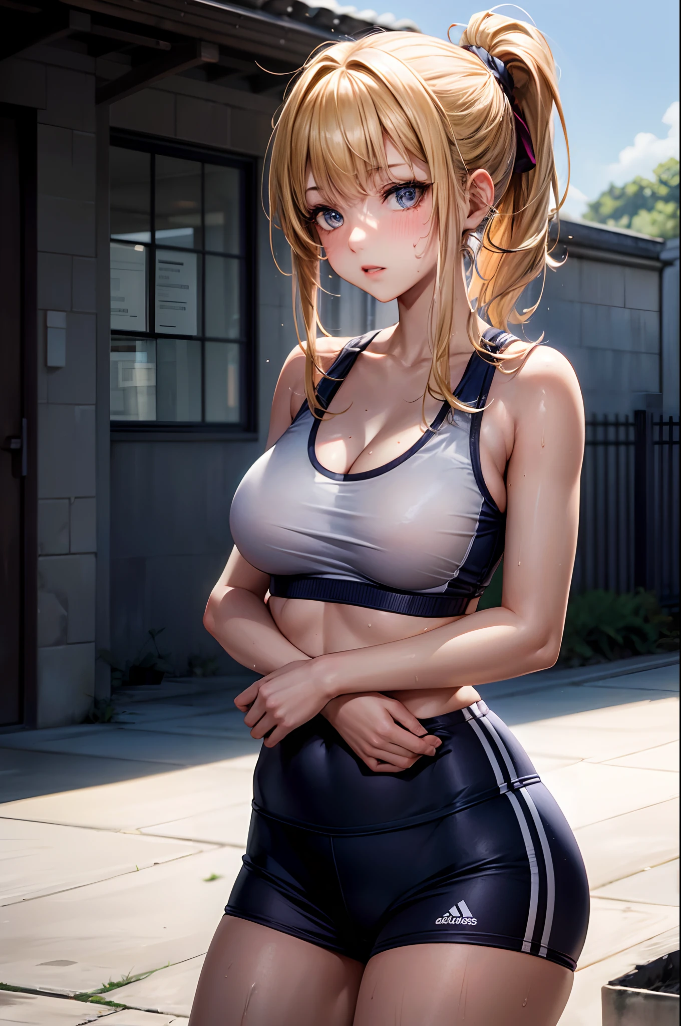 girl, absurdres, high res, ultrasharp, 8K, masterpiece, looking at viewer, thighs, breasts, hug breasts, cleavage, underboob, blonde hair, ponytail, workout clothes, transparent, sweaty