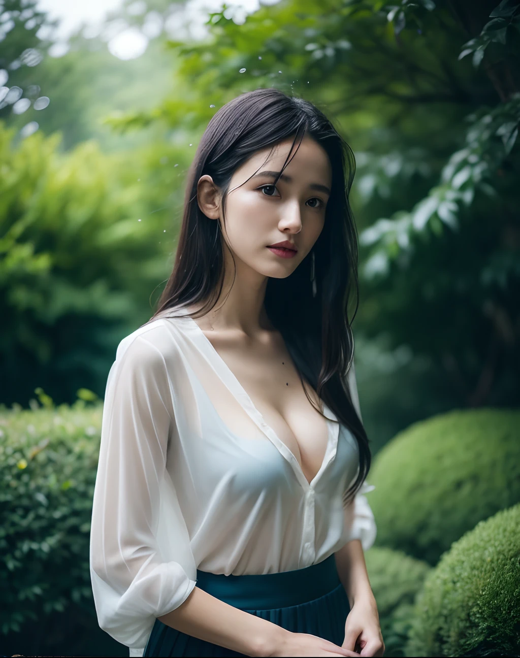 masutepiece, Best Quality, side lights, hight resolution, Intricate details, 1girl in, (Heavy rain, Fog, Wet, see through), Outdoors, cloudy, (Black Long Hair, Straight hair), skinny body, （cleavage:0.5）, Wet, (Dark Blue Serafuk, Pleated skirt), Standing, garden, Trees. Flowers, Beautiful, Beautiful face、sodden、Sheer shirt