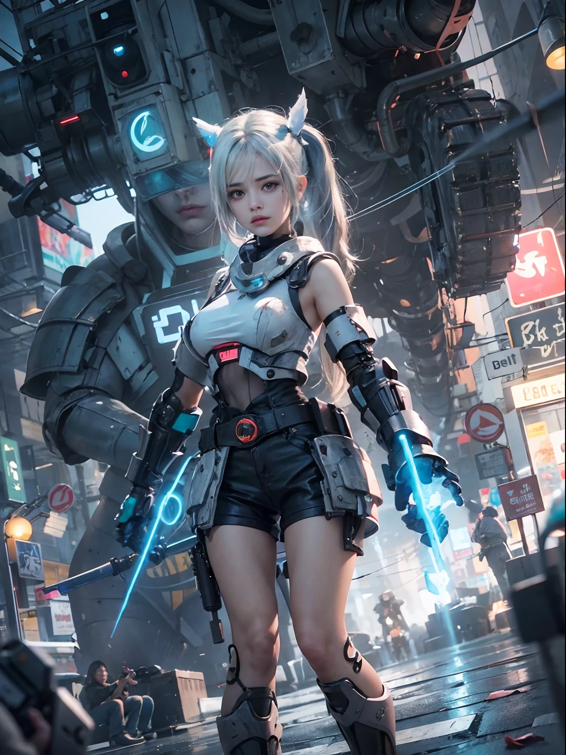 nsfw, 1girl, cyberpunk, robotic armor, (masterpiece: 1.4), (8K, realistic, raw photo, best quality: 1.4), nipple areola shape clear, nude, Japanese girl, beautiful cute face, (real face: 1.4), perfect pussy, beautiful hairstyle, realistic blue eyes, beautiful detail eyes, (real skin: 1.3), beautiful skin, attractive, ultra high resolution, ultra realistic, off-sheller, night view, burning city, post apocalyptic world, cinematic lighting, white colored hair, long hair, twin ponytails, blue ribbons, weapon in hands, alien spaceship, futuristic fantasy, legs open, view from below, bottom view, sex, mating press, cum on body, pussy juice