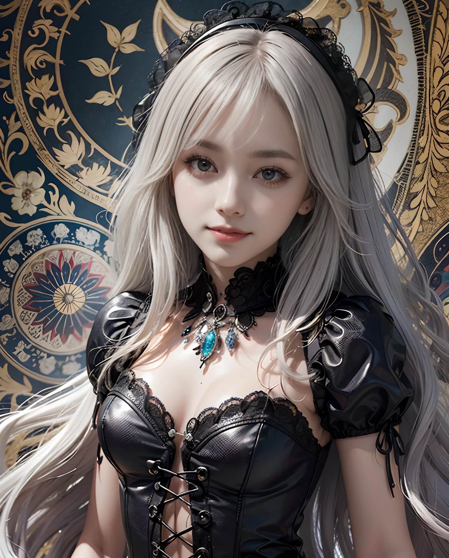 Masterpiece, High Resolution, Paisley Pattern Wallpaper, Intricately Drawn Paisley Pattern, 10,000 Colors, Colorful, Craftsmanship, 1 Girl, 9 Figures, Looking at the Viewer, Smiling, Silver Hair, Okabo, Diamond Sparkle, Colorful Decoration, Grains of Light Dancing, Detailed Gothic Style (Maximalism: 1.5), Diffused Lighting, (Depth of Field: 1.8), Gothic ta, Diffuse reflection of light, (background percentage: 65%)