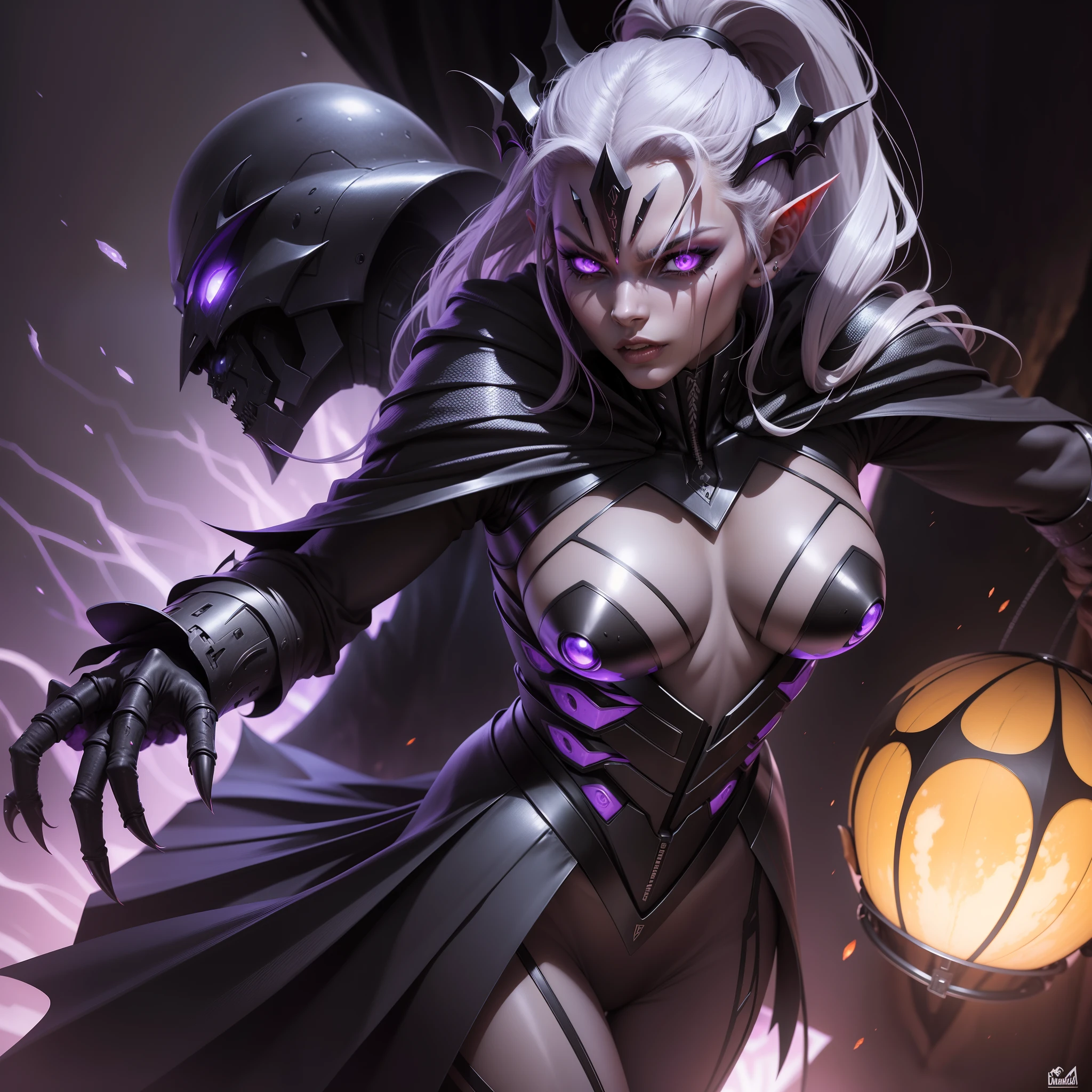 Humanoid villain, com escamas, perfil feminino, com dentes agressivos, cor roxo e preto, cabelos longos, six arms with sharp claws, olhos lazer, alien warrior outfit, ambiente militar, alta estatura, corpo misculoso e forte