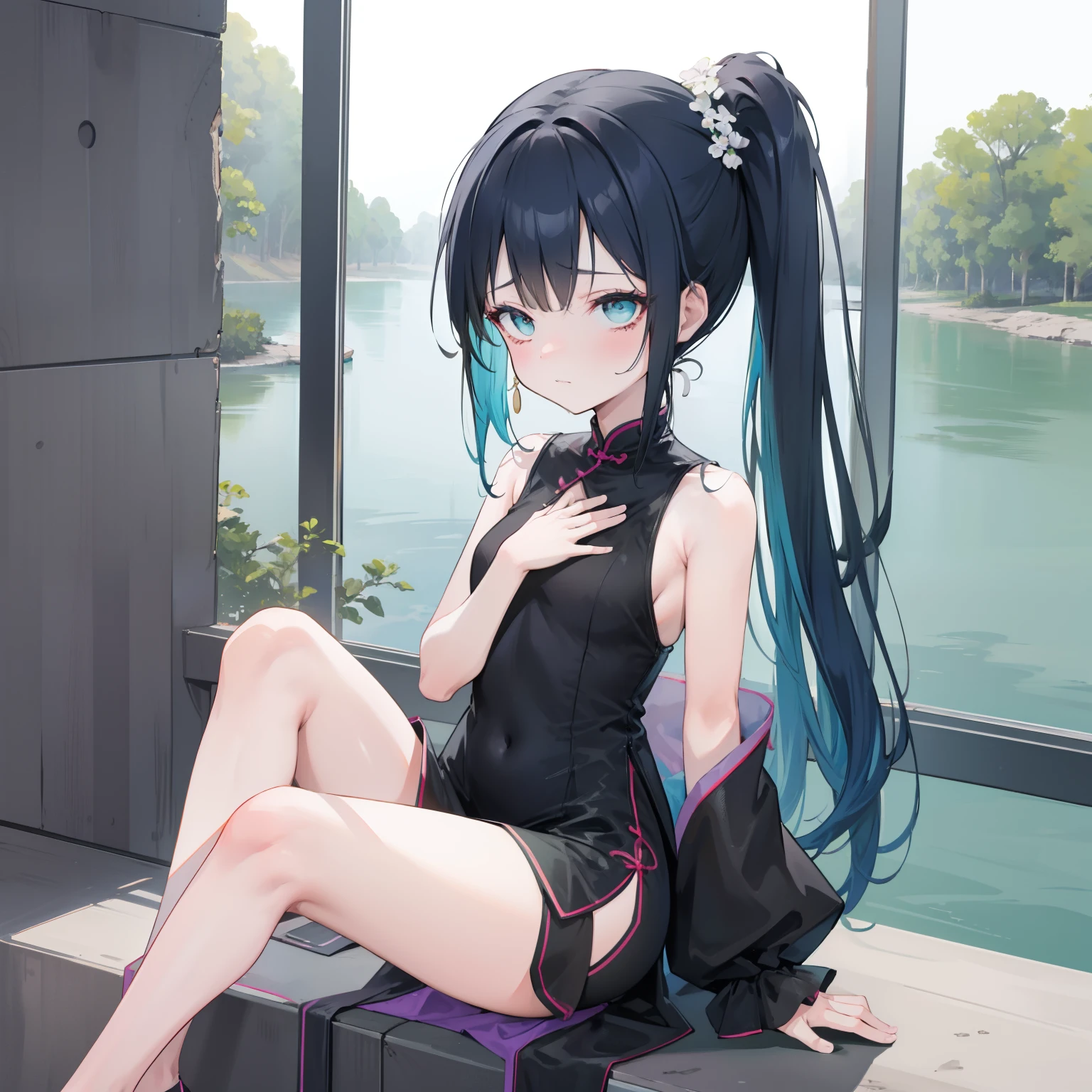 (black-haired girl,thin, braided pigtails, long hair, small face, thin, bare legs, blue high heels, sullen complexion, thin, poor milk supply, very small chest, tall, cute, light blue dress, very slender legs, square grid, best quality, masterpiece)