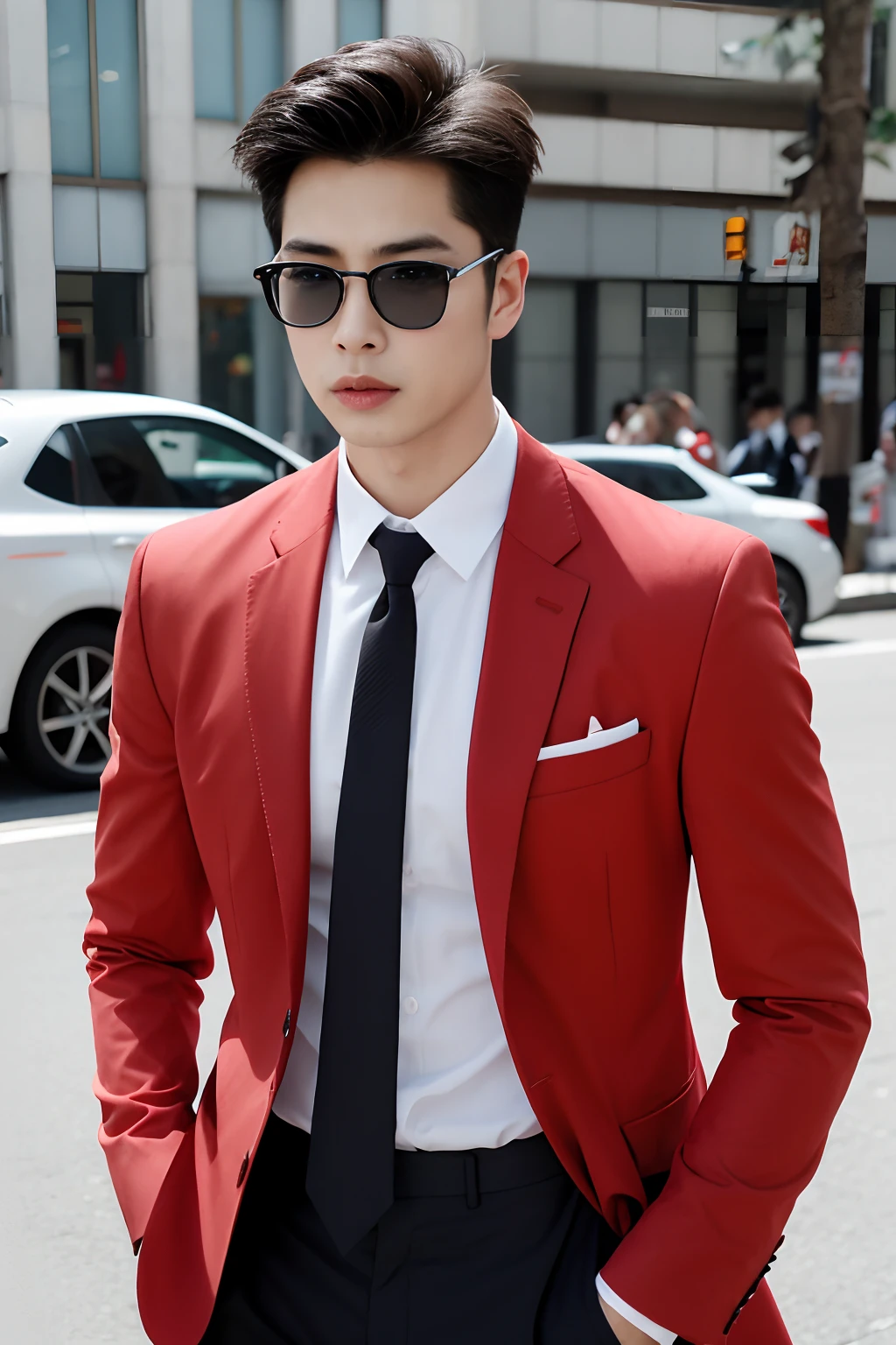 Asian male model on the street，and his wedding car，Cool red car，SLR in hand，Suit tie