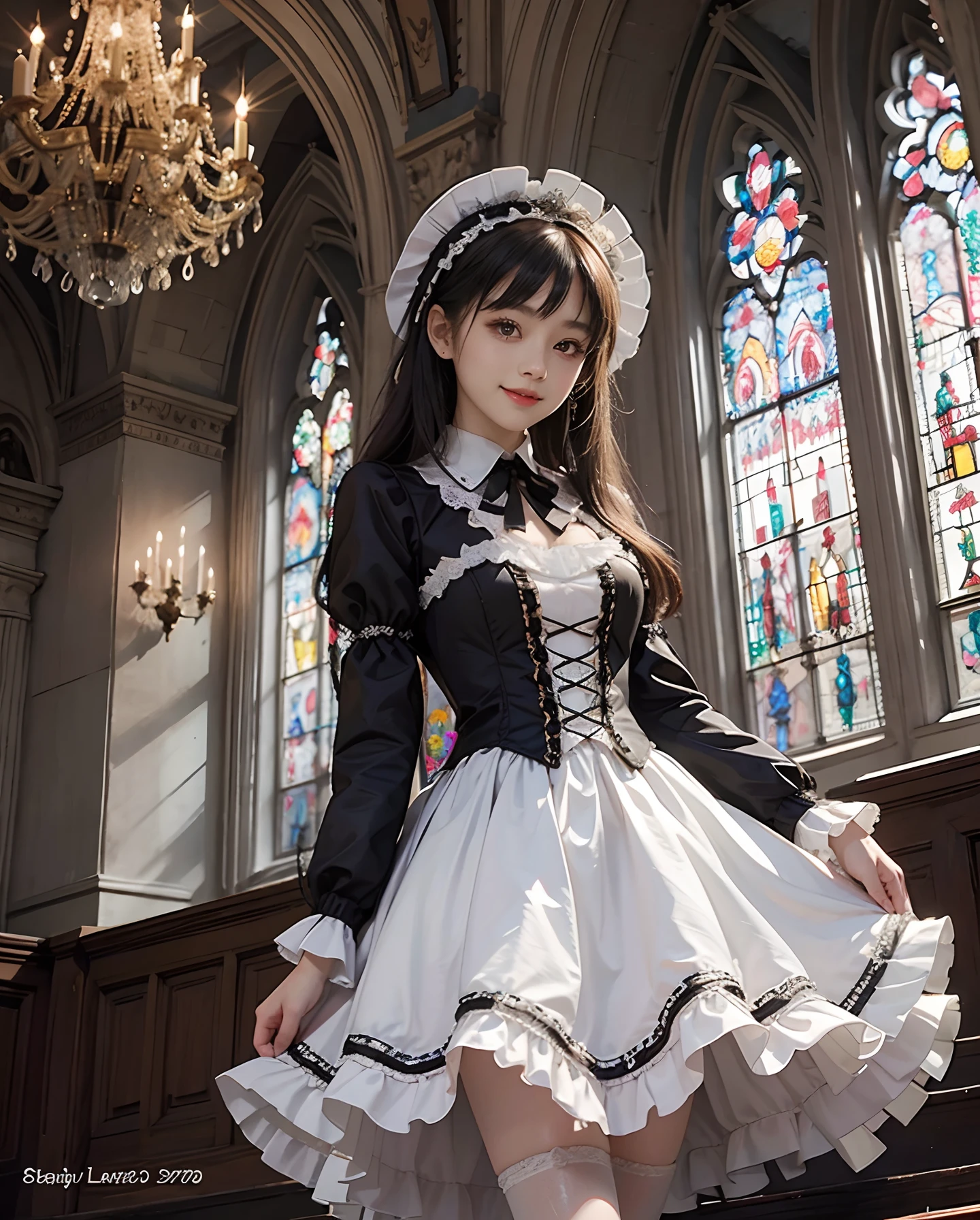 masutepiece、hight resolution、Gothic Lolita costumes、１girl with、9th class、Look at the viewer、smil、Okappa、gothic lorita、The background is a beautiful chandelier inside the castle、Glitter background、Beautiful stained glass museum、the skin is white and transparent、Paws are thin and beautiful,