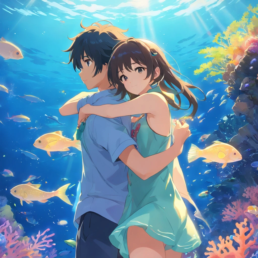 tmasterpiece,best qualtiy,cinematic Film still from,1girll,Boys and girls hug,ocean floor,Colorful sea,Marine life,The corals,The fish
