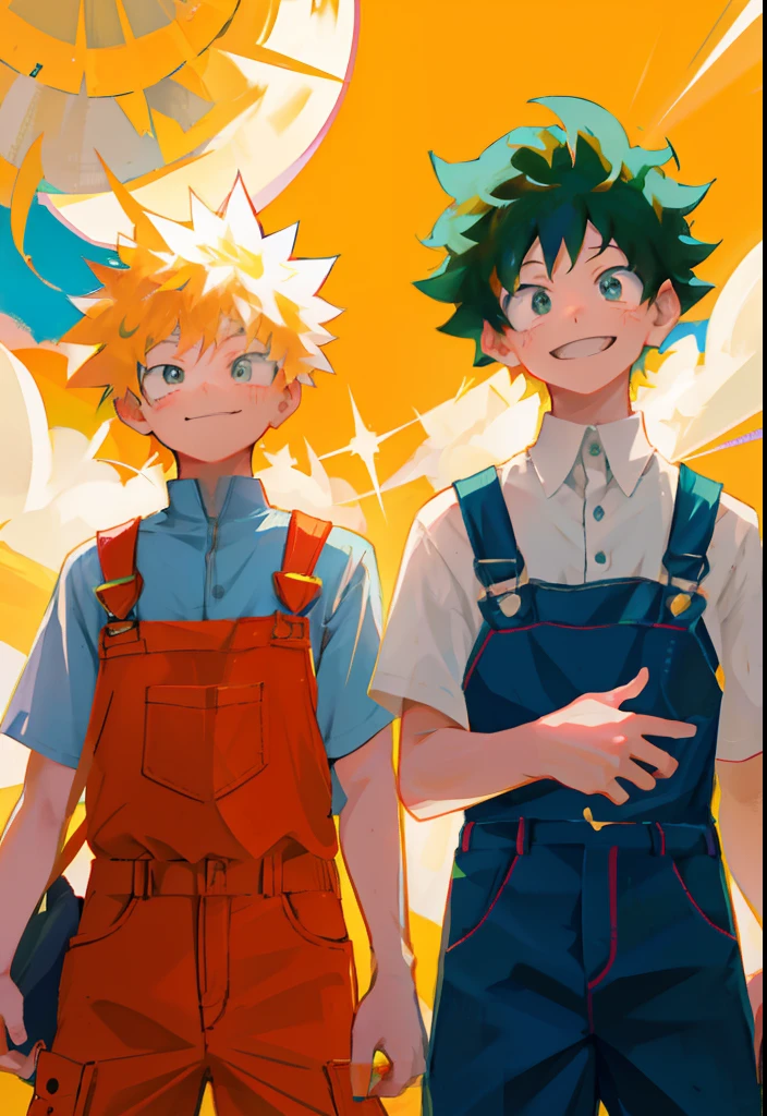 Two people laugh shoulder to shoulder　Short sleeves and overalls、a smile、Mouth open、deku midoriya、Katsumi Bakugo、夏天、Two people like best friends、rays of sunshine、Shiny skin、夏天