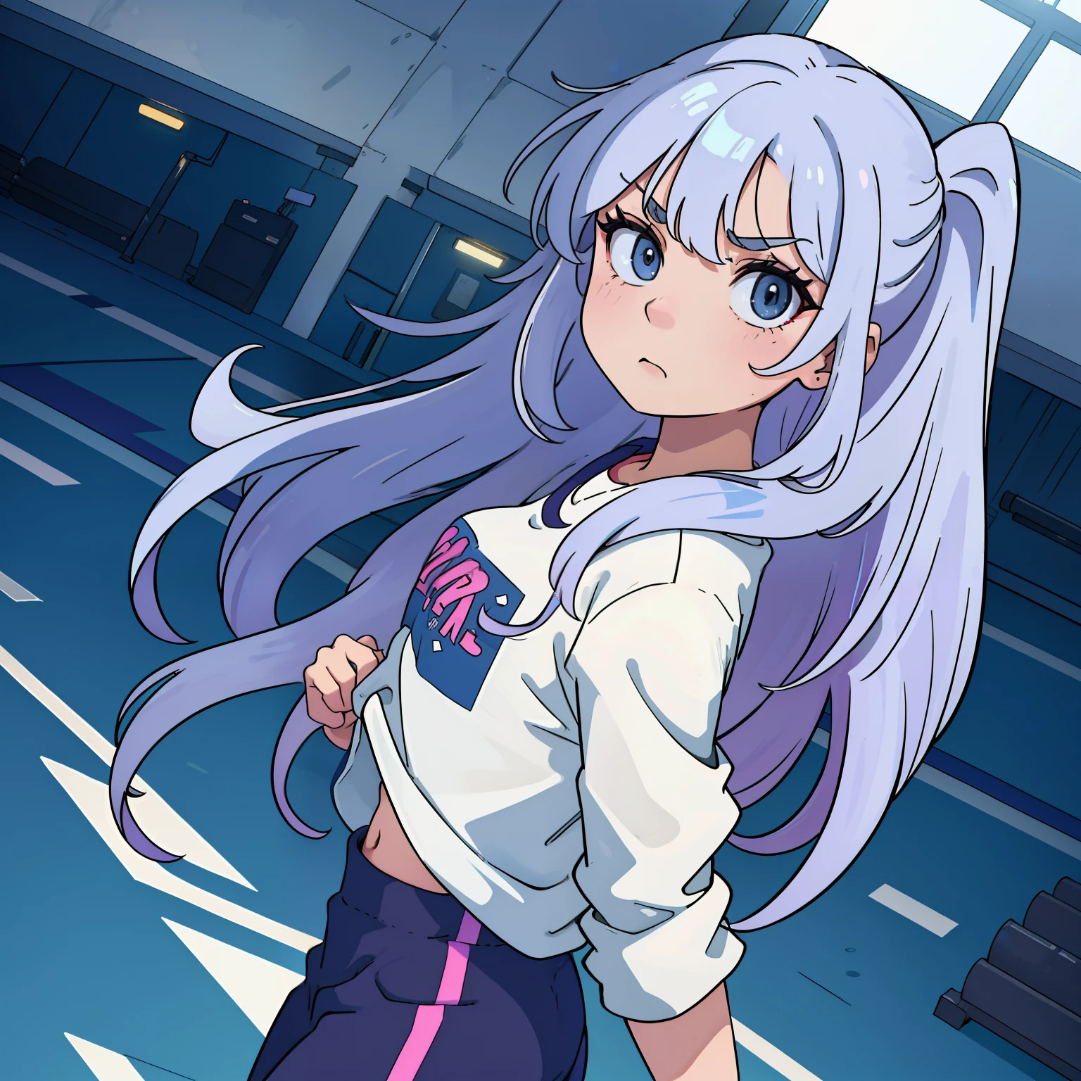 an anime character wearing sports outfit, her hair is pulled into ponytail and she is standing up, 1girl, solo, bronya zaychik, from side, shorts, sleeveless, sleeveless shirt, grey hair, sweat, shirt, drill hair, long hair, small breasts